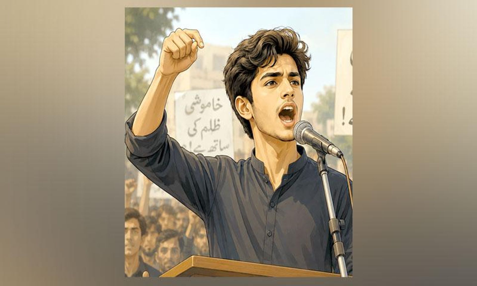 Illustrated young man with a raised fist speaking into a microphone at a protest.