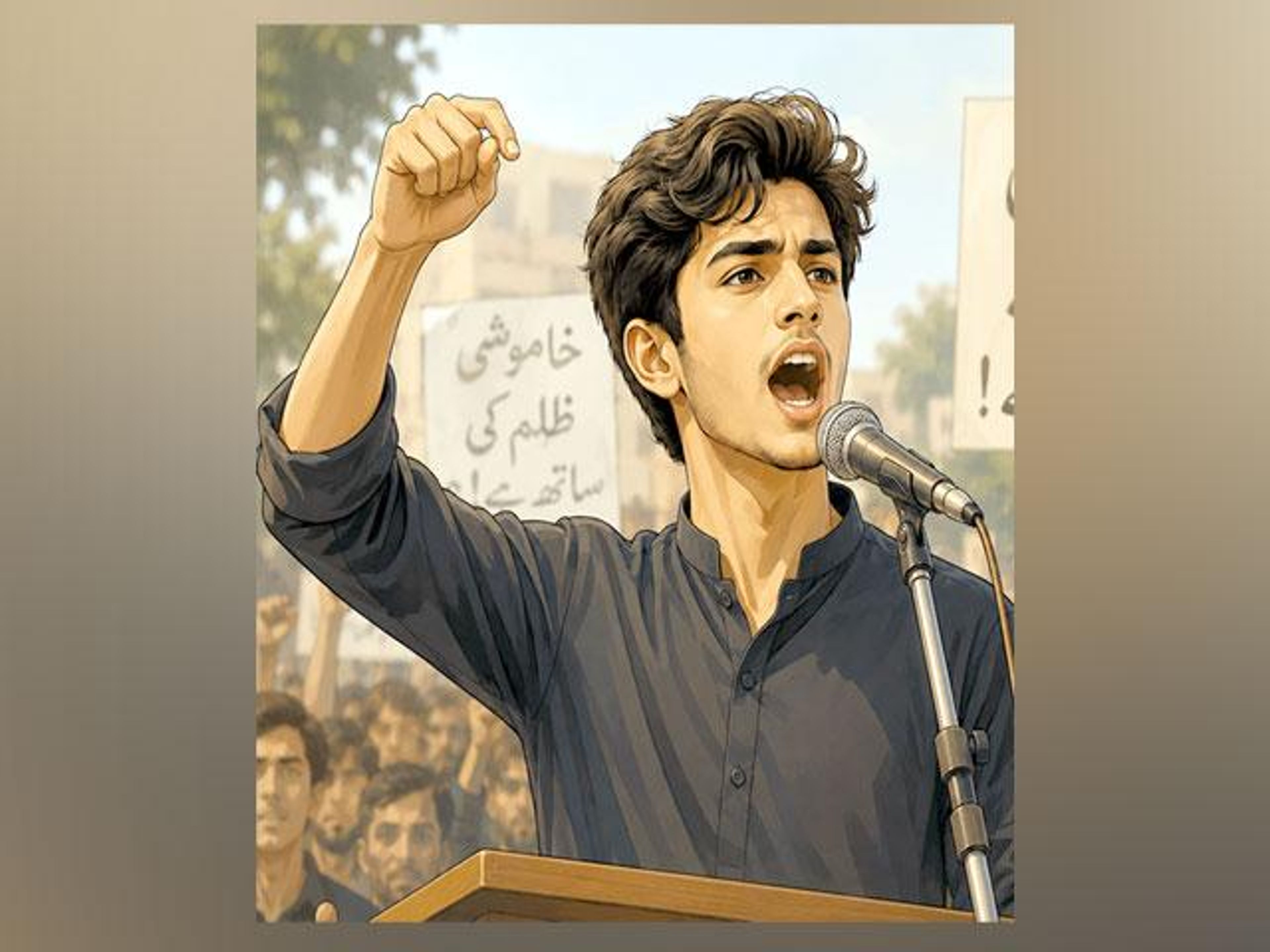 Illustrated young man with a raised fist speaking into a microphone at a protest.