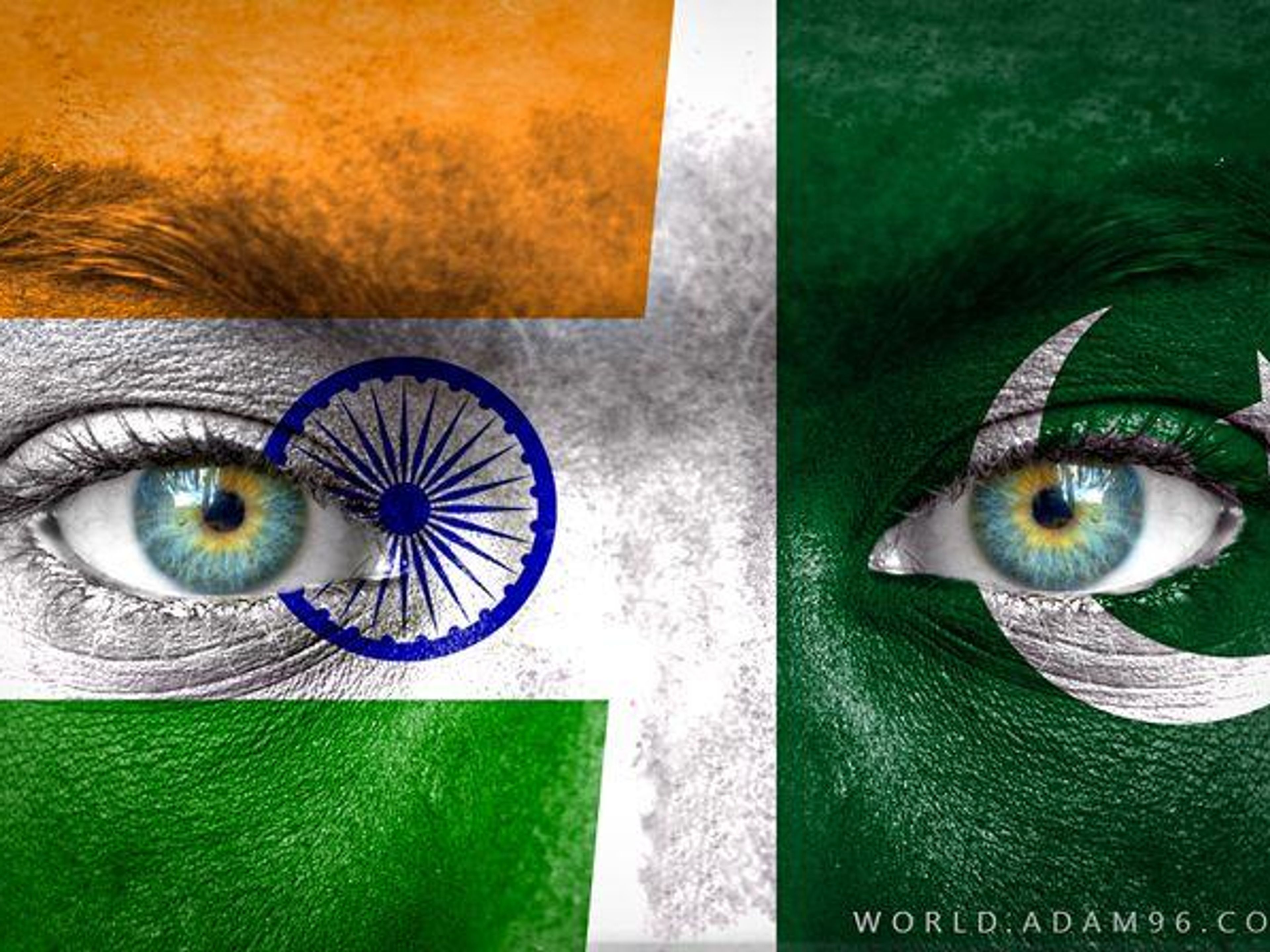 A face split down the middle, painted with the flags of India (left) and Pakistan (right).