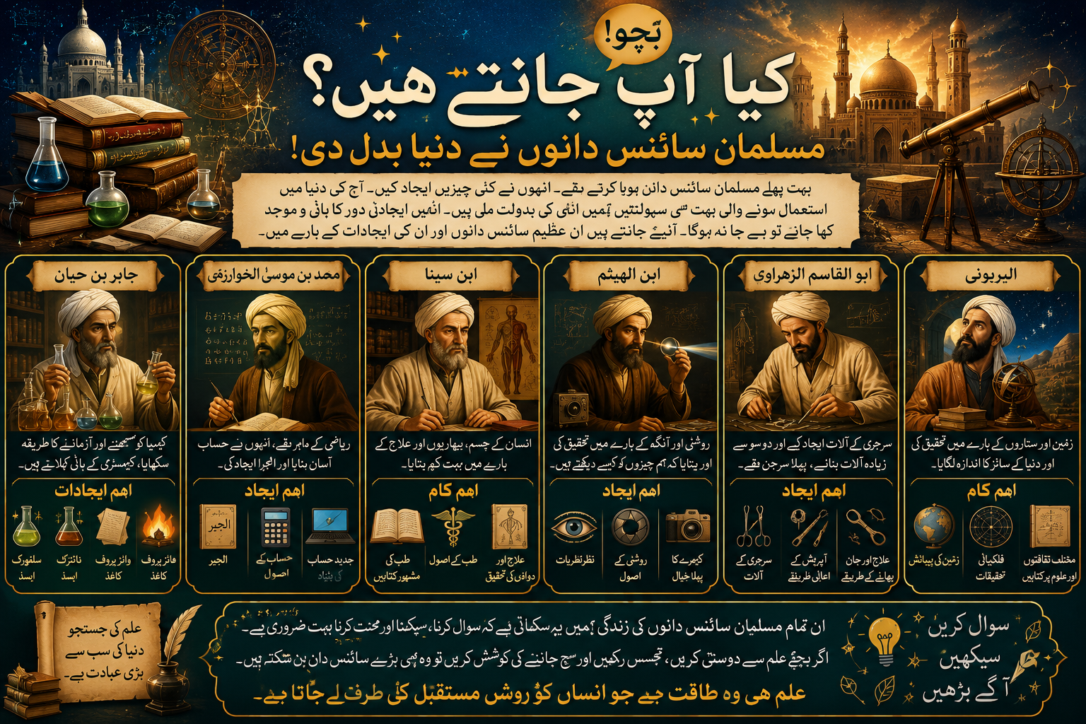 An Urdu infographic poster highlighting the world-changing contributions of six historical Muslim scientists, with their portraits and illustrations of their work.
