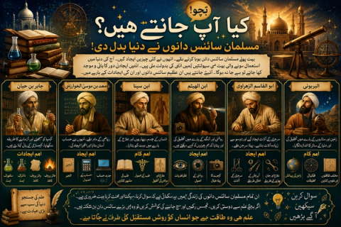 An Urdu infographic poster highlighting the world-changing contributions of six historical Muslim scientists, with their portraits and illustrations of their work.