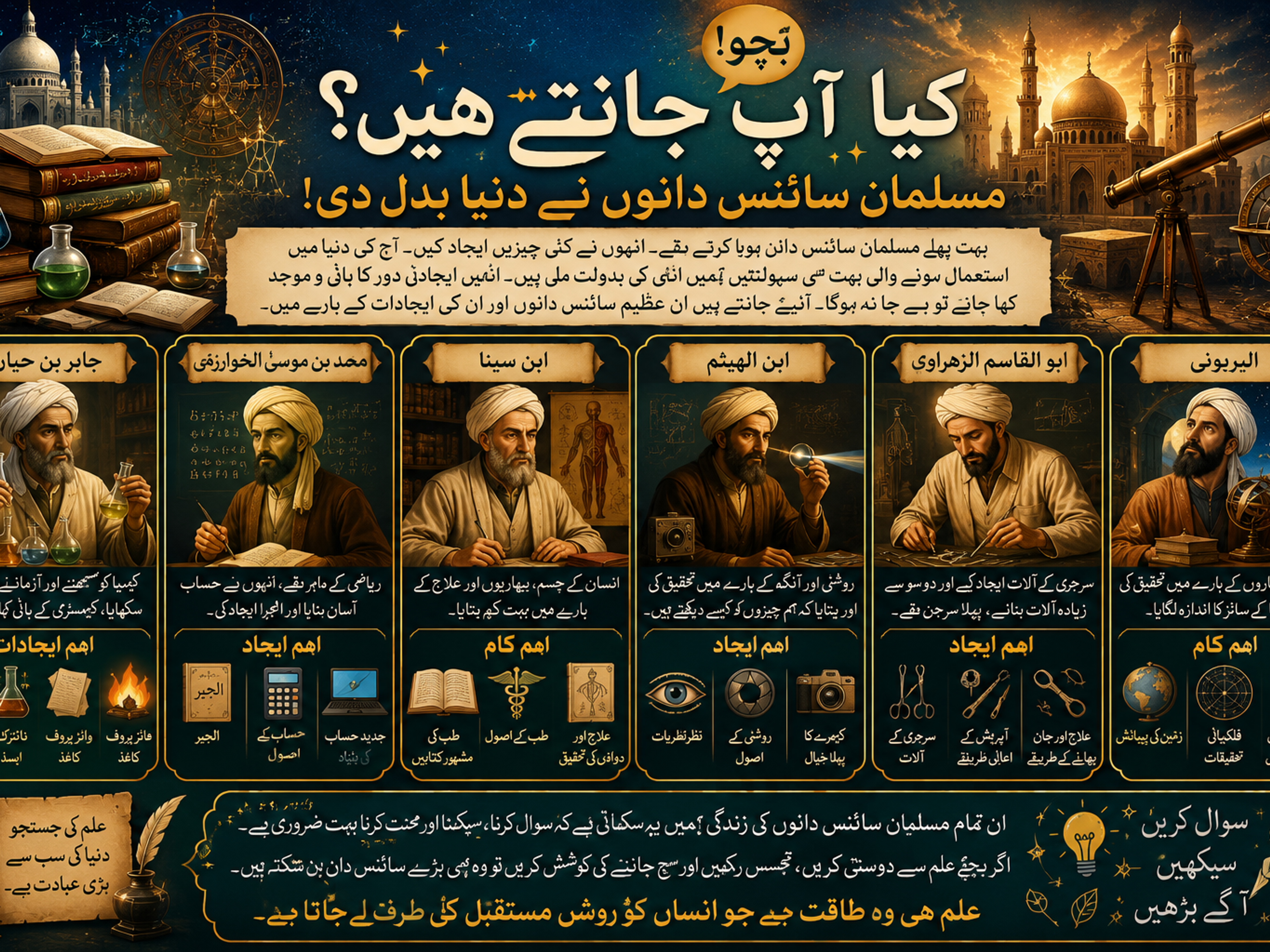 An Urdu infographic poster highlighting the world-changing contributions of six historical Muslim scientists, with their portraits and illustrations of their work.
