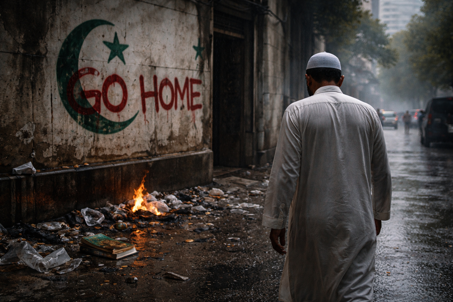 A Muslim man in a white thobe and kufi walks on a wet street away from a wall graffitied with a crescent moon, star, and "GO HOME," near burning trash and a book.