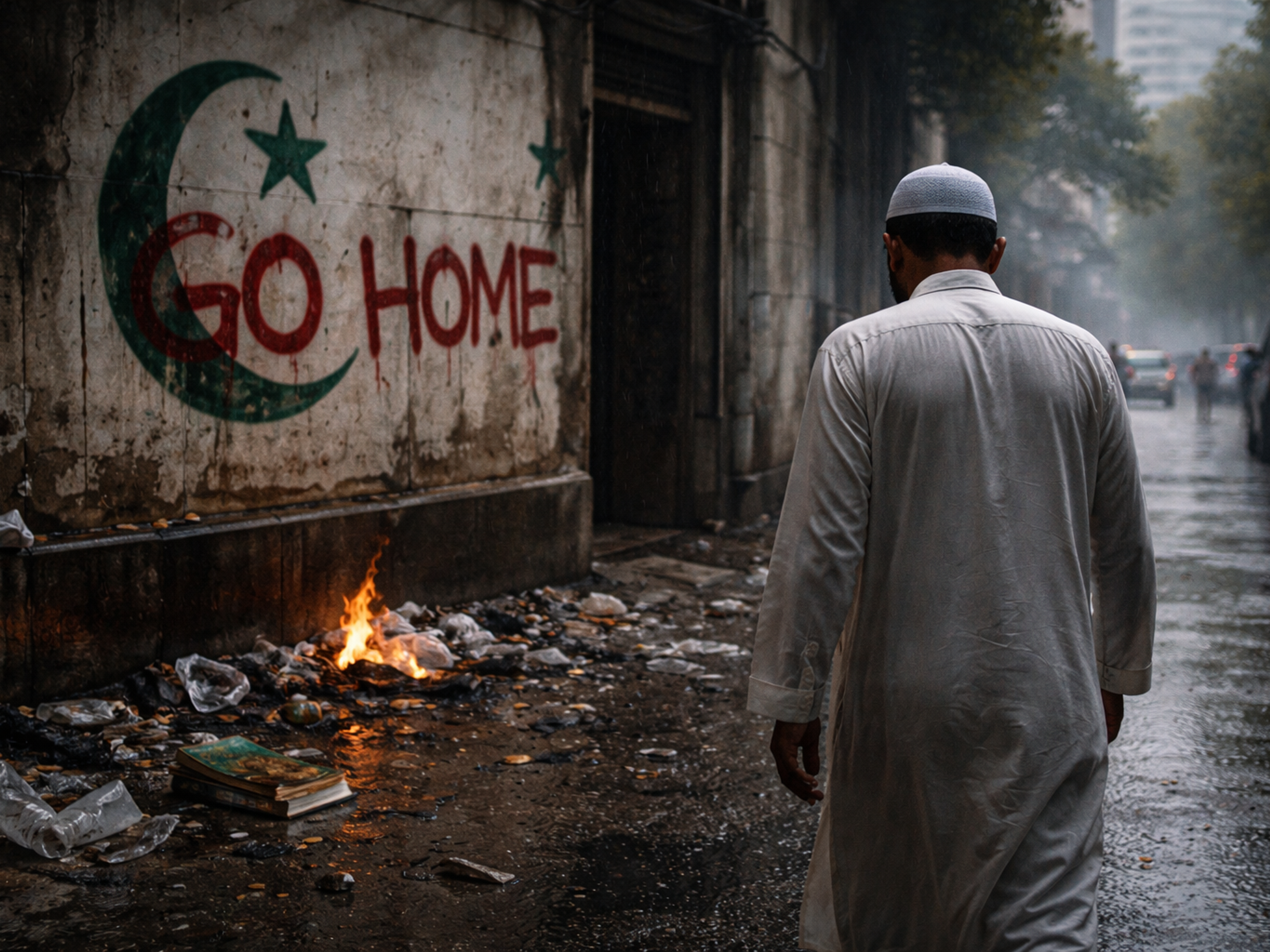 A Muslim man in a white thobe and kufi walks on a wet street away from a wall graffitied with a crescent moon, star, and "GO HOME," near burning trash and a book.