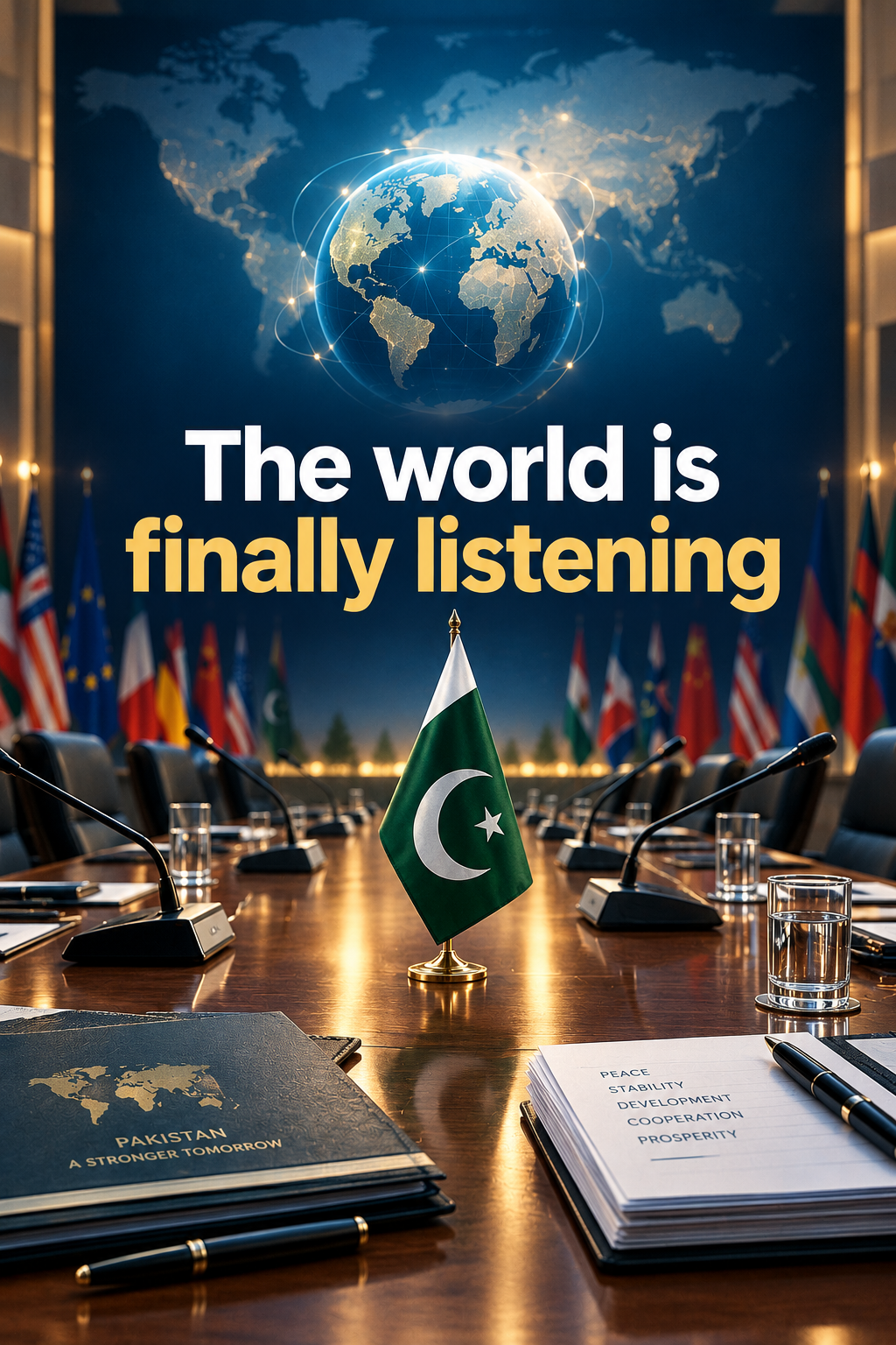 A Pakistani flag stands on a conference table with a glowing world map and international flags in the background. Text reads "The world is finally listening," with documents on the table outlining Pakistan's future goals.