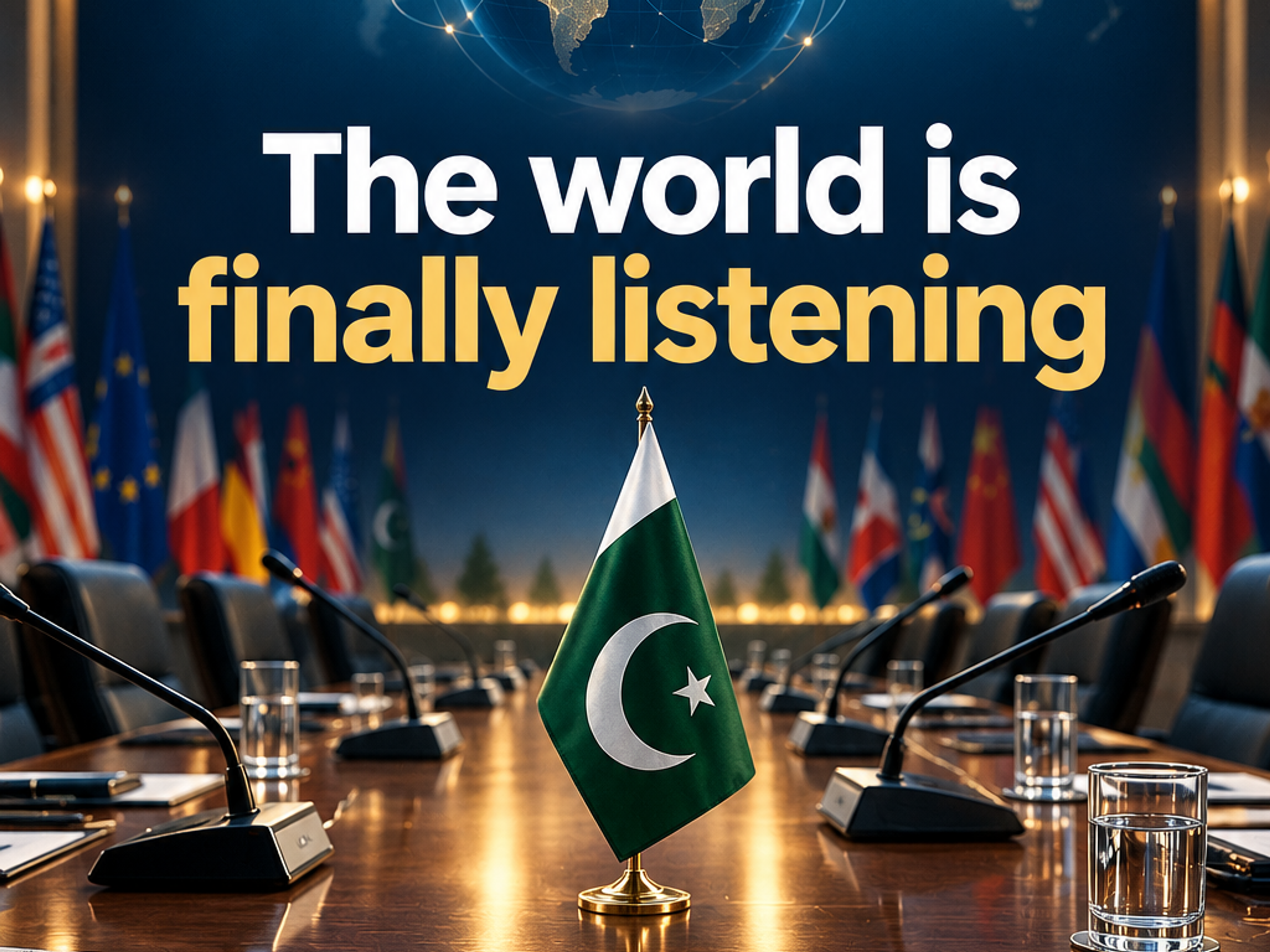 A Pakistani flag stands on a conference table with a glowing world map and international flags in the background. Text reads "The world is finally listening," with documents on the table outlining Pakistan's future goals.