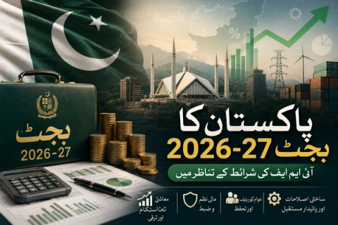 A graphic illustrating Pakistan's 2026-27 budget under IMF conditions, showing the national flag, a green briefcase, coins, financial charts, and Faisal Mosque.