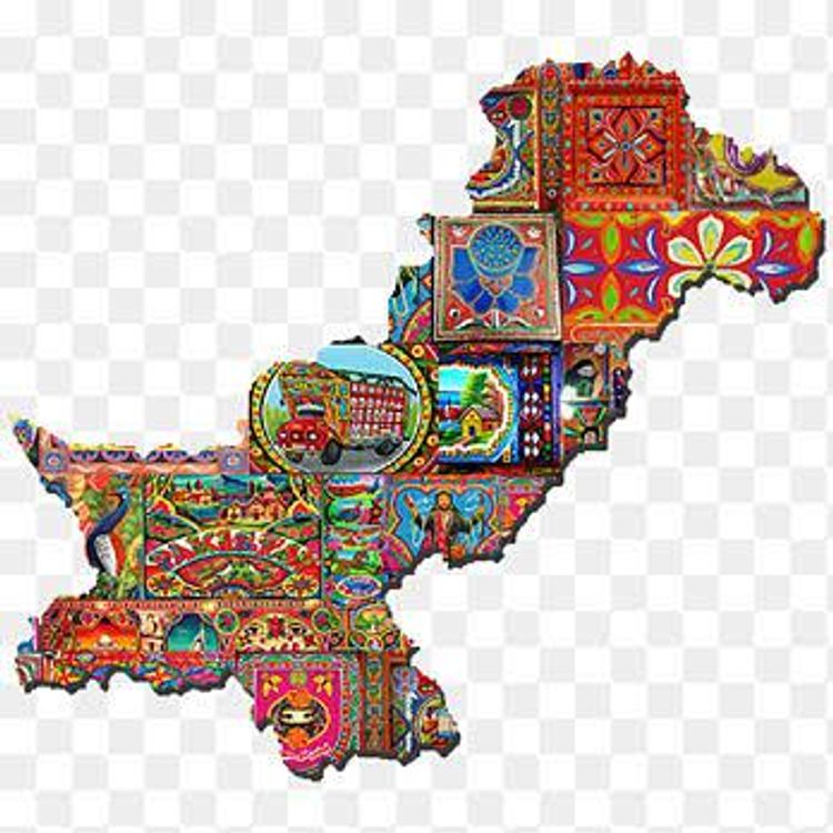 Vibrant map of Pakistan composed of traditional truck art patterns, including a red truck.