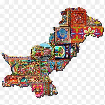 Vibrant map of Pakistan composed of traditional truck art patterns, including a red truck.