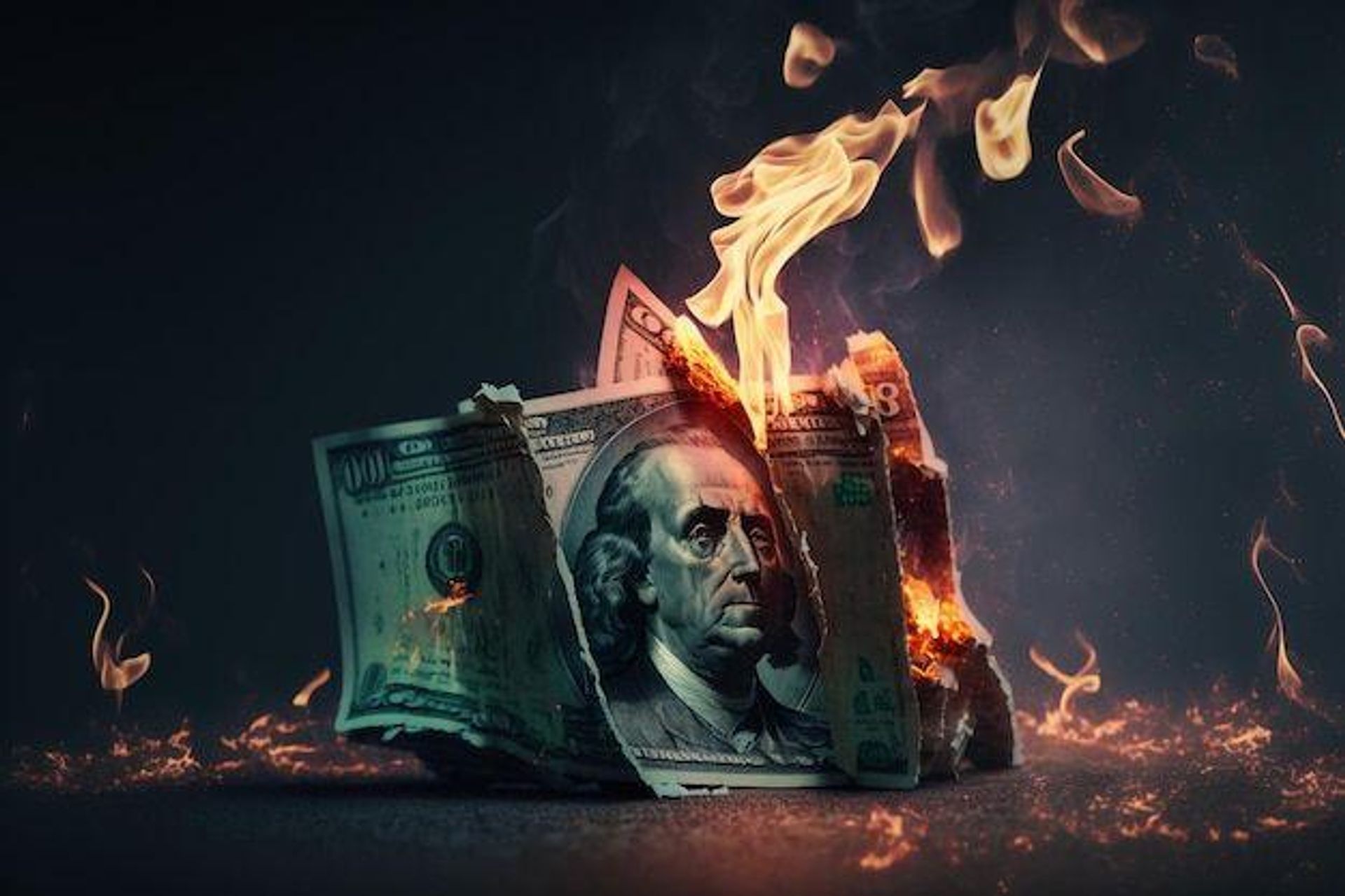 A $100 bill engulfed in flames.