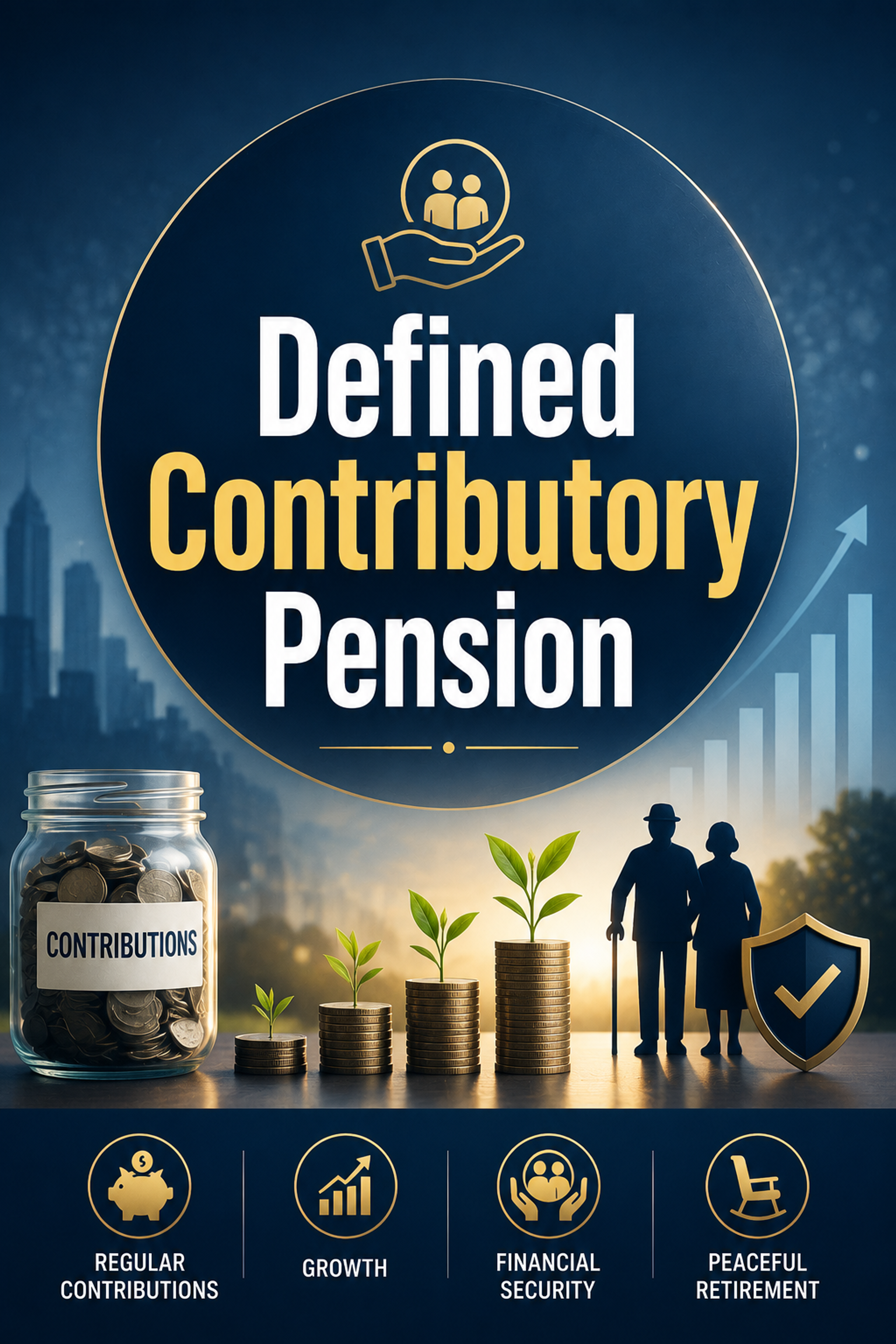 Infographic for "Defined Contributory Pension" showing a jar of coins, growing money stacks with plants, an elderly couple, and icons for regular contributions, growth, financial security, and peaceful retirement.