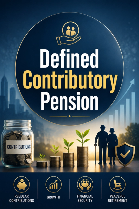 Infographic for "Defined Contributory Pension" showing a jar of coins, growing money stacks with plants, an elderly couple, and icons for regular contributions, growth, financial security, and peaceful retirement.
