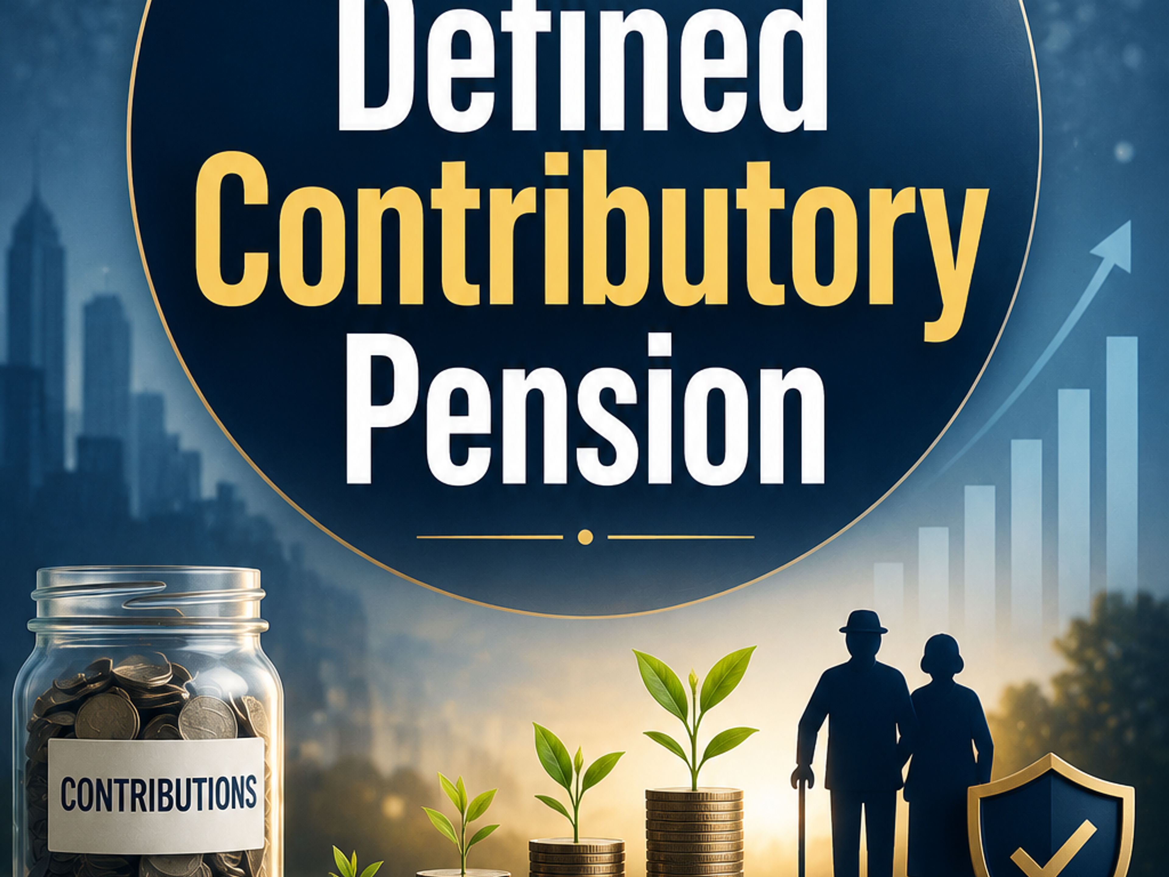 Infographic for "Defined Contributory Pension" showing a jar of coins, growing money stacks with plants, an elderly couple, and icons for regular contributions, growth, financial security, and peaceful retirement.
