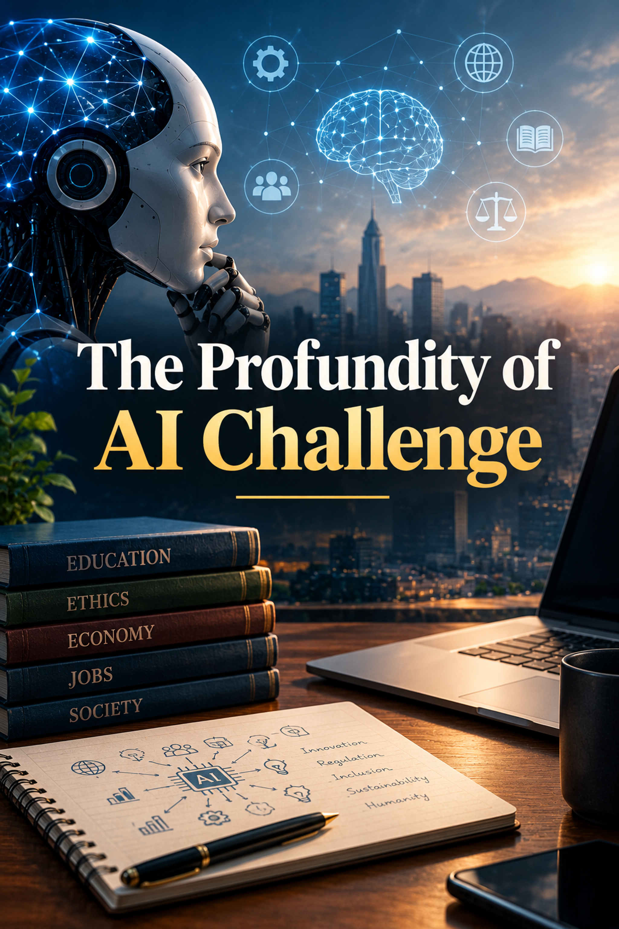 A pensive humanoid robot overlooks a cityscape with AI concept icons. In the foreground, books on education, ethics, economy, jobs, and society sit next to a notebook detailing AI's challenges and impacts. The image text reads: "The Profundity of AI Challenge".