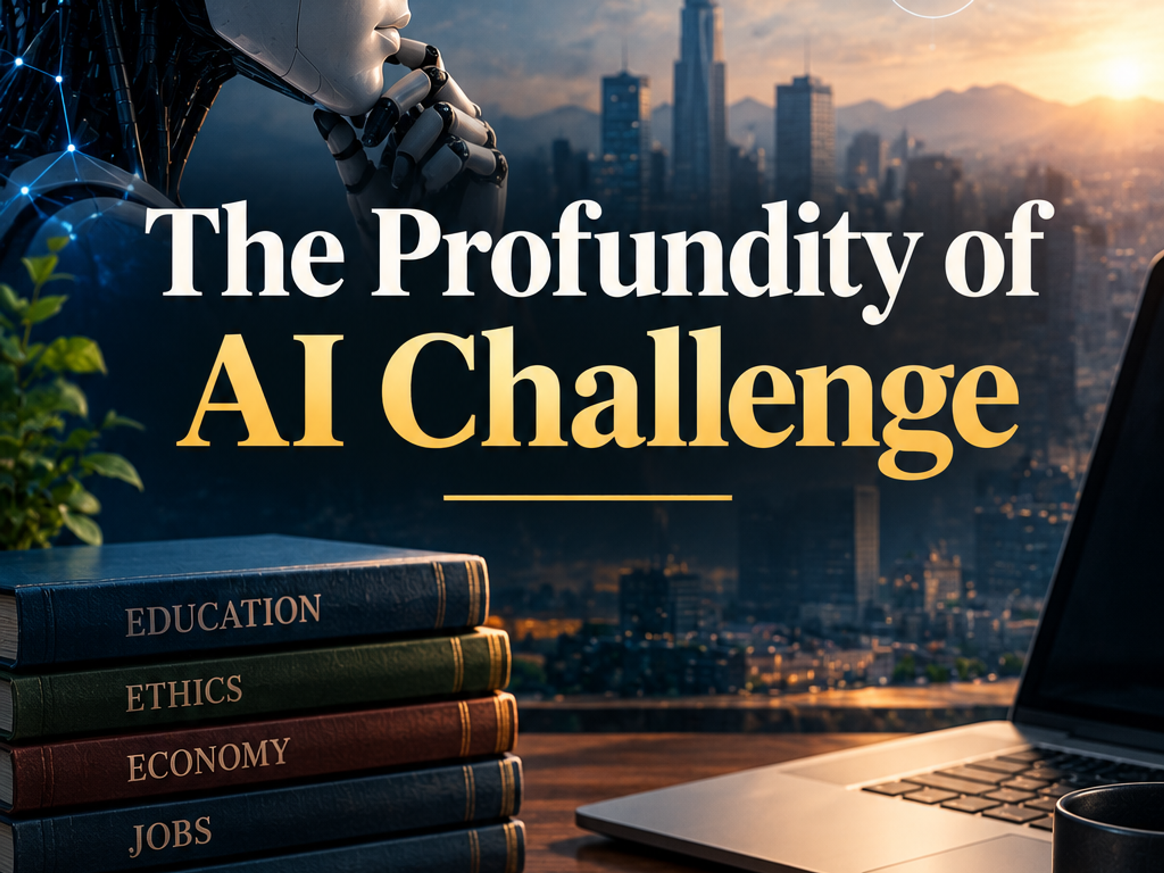 A pensive humanoid robot overlooks a cityscape with AI concept icons. In the foreground, books on education, ethics, economy, jobs, and society sit next to a notebook detailing AI's challenges and impacts. The image text reads: "The Profundity of AI Challenge".