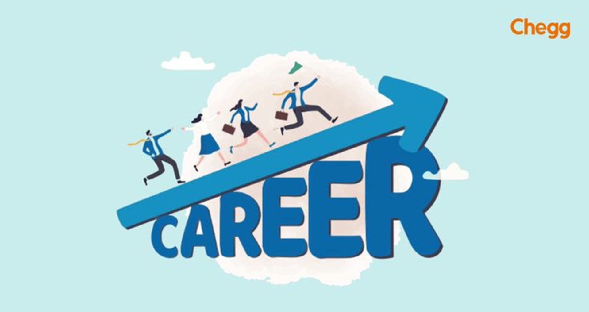 Illustration of stylized people running up a blue arrow forming the word "CAREER." Chegg logo top right.