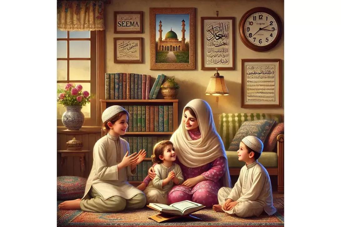 A Muslim woman and three children sit on the floor with an open book in a room featuring Islamic decor and a bookshelf.
