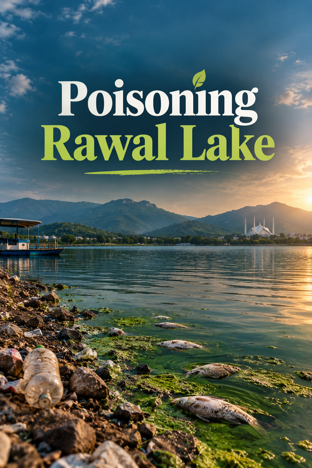 Rawal Lake polluted with dead fish, plastic trash, and green algae along the shore. Mountains and Faisal Mosque are in the background at sunset. Overlay text: Poisoning Rawal Lake.