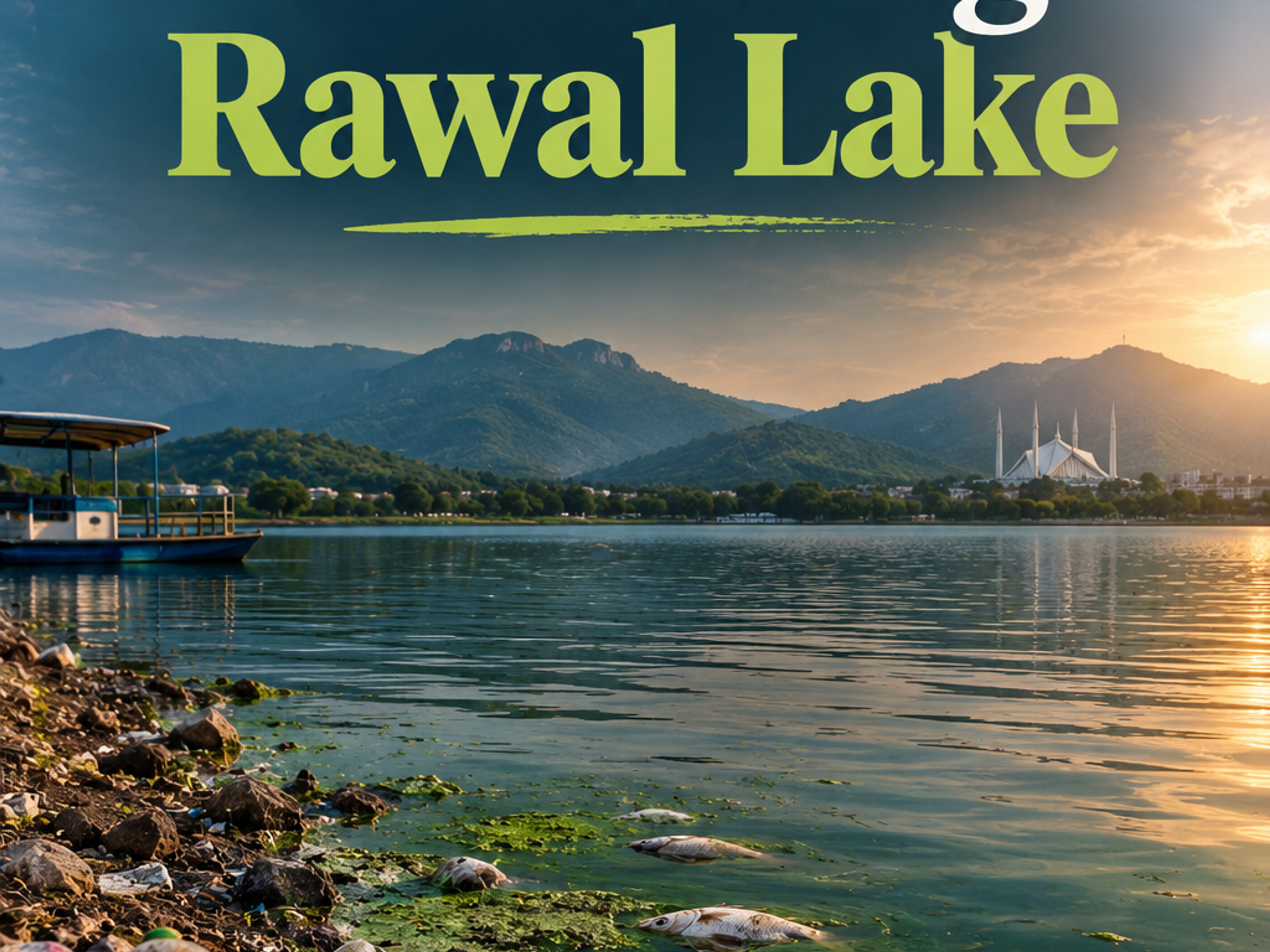 Rawal Lake polluted with dead fish, plastic trash, and green algae along the shore. Mountains and Faisal Mosque are in the background at sunset. Overlay text: Poisoning Rawal Lake.