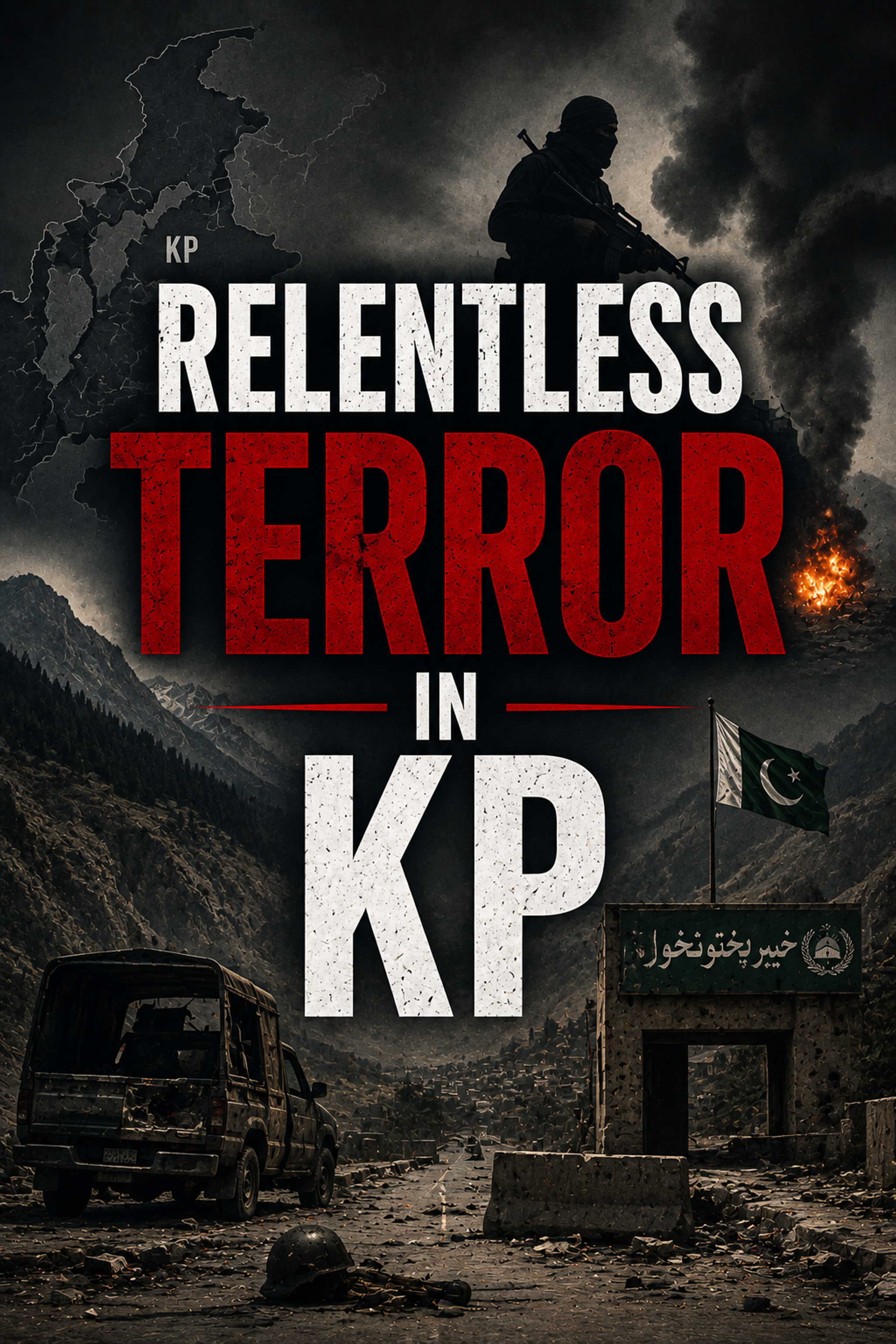 Graphic with text 'RELENTLESS TERROR IN KP' features a soldier, smoke, fire, a damaged car, a checkpoint with a Pakistani flag, and a map of Pakistan.