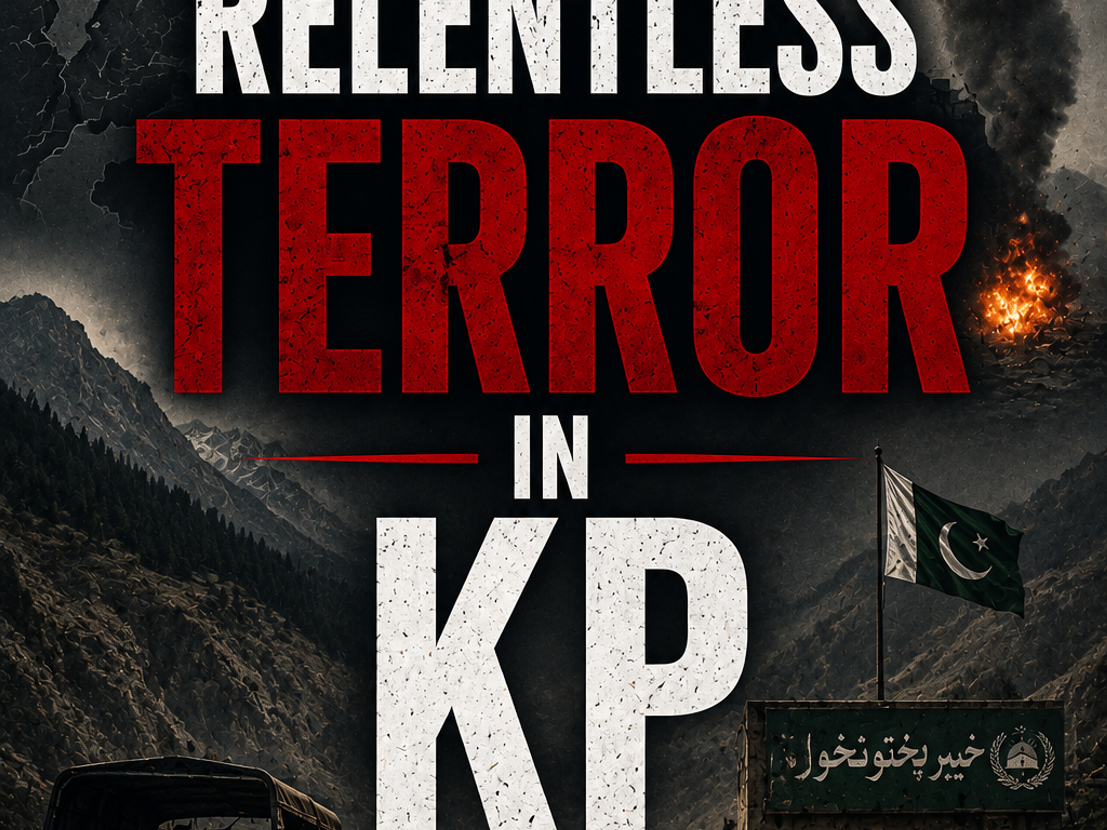 Graphic with text 'RELENTLESS TERROR IN KP' features a soldier, smoke, fire, a damaged car, a checkpoint with a Pakistani flag, and a map of Pakistan.