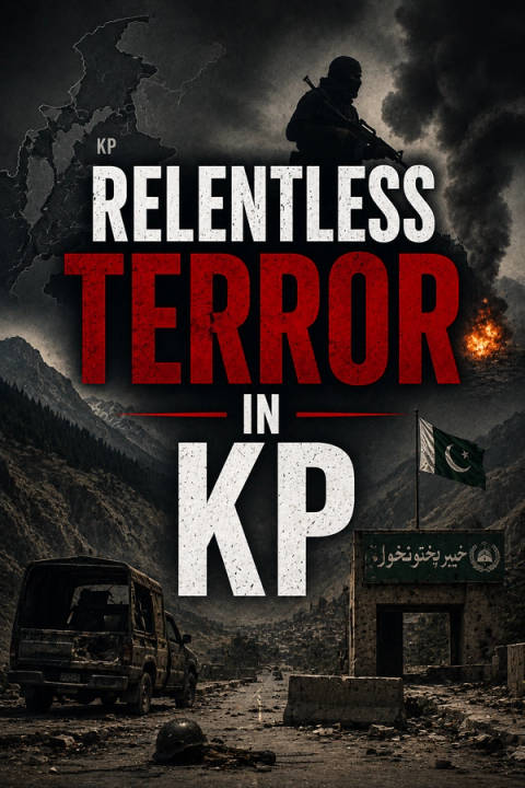 Graphic with text 'RELENTLESS TERROR IN KP' features a soldier, smoke, fire, a damaged car, a checkpoint with a Pakistani flag, and a map of Pakistan.