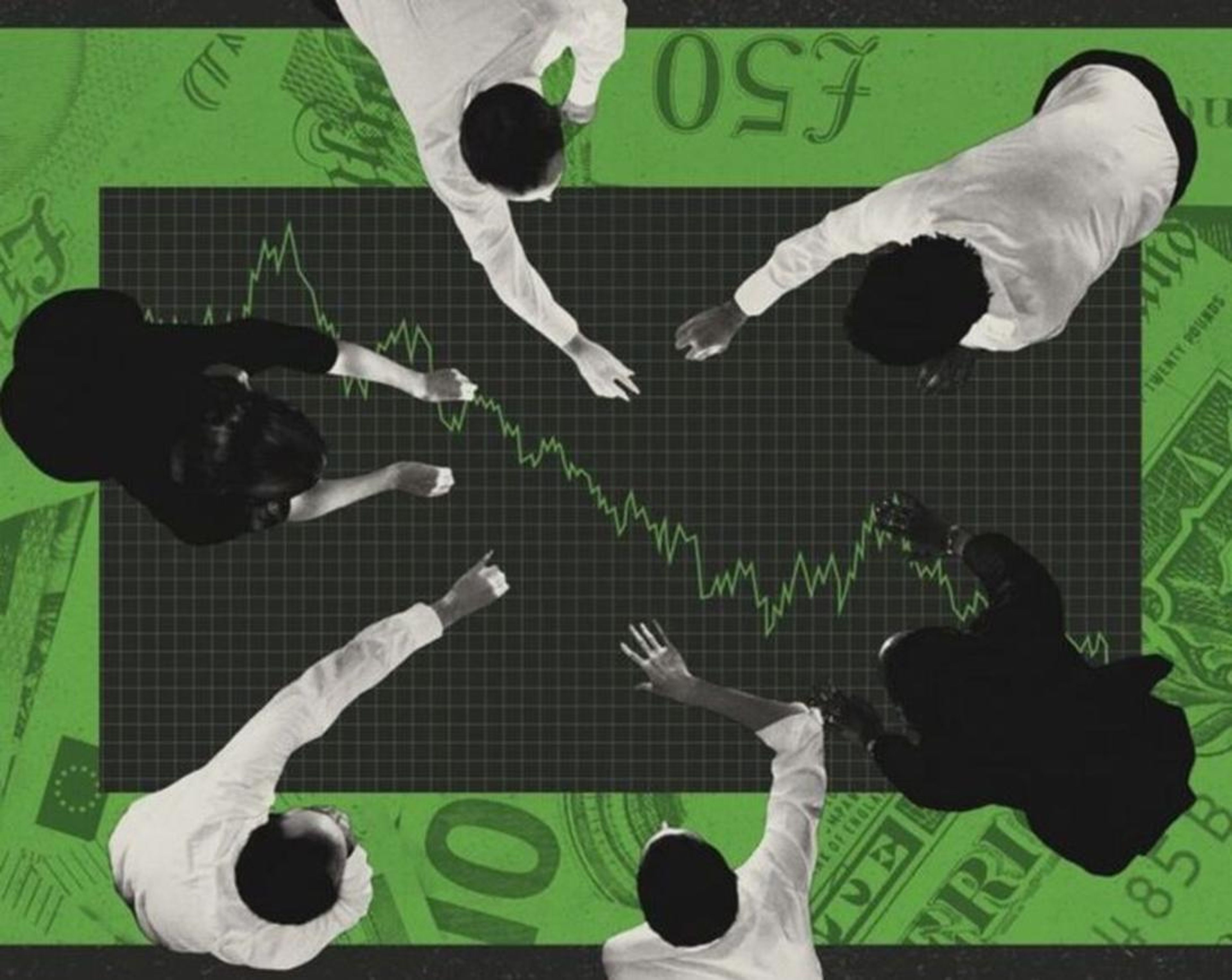 Six people gathered around a table with a stock market graph, surrounded by currency designs on a green background.