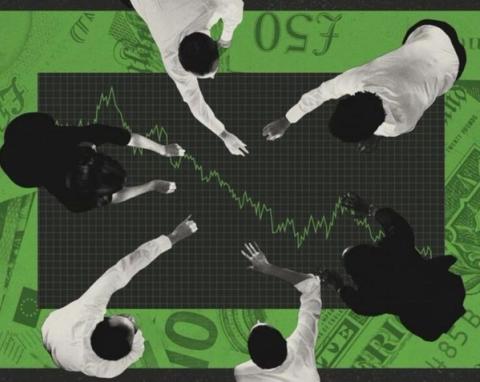 Six people gathered around a table with a stock market graph, surrounded by currency designs on a green background.