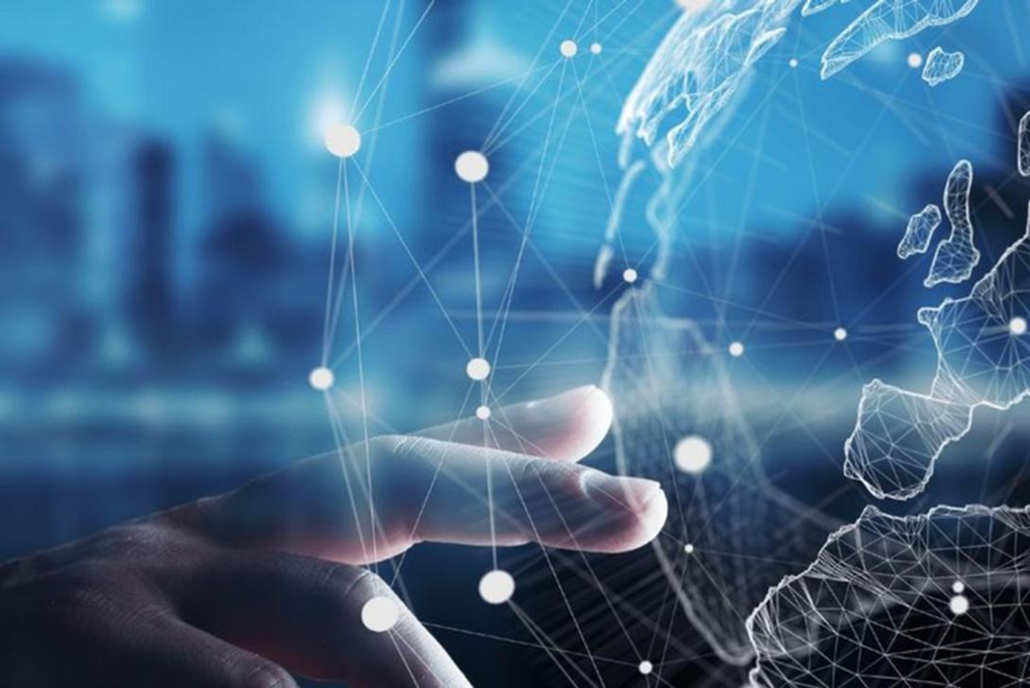Hand touching a glowing wireframe globe with network connections.
