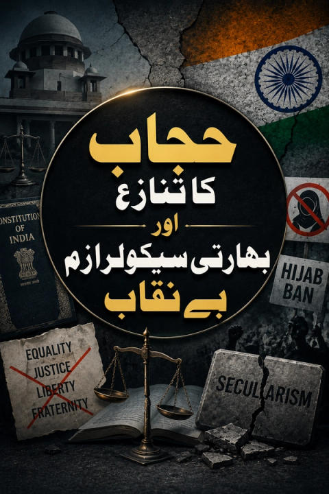 A graphic illustrating the hijab controversy in India, featuring the Supreme Court, a cracked Indian flag, scales of justice, the Constitution, a broken "Secularism" tablet, and Urdu text translating to "The Hijab Controversy and Indian Secularism Unveiled."