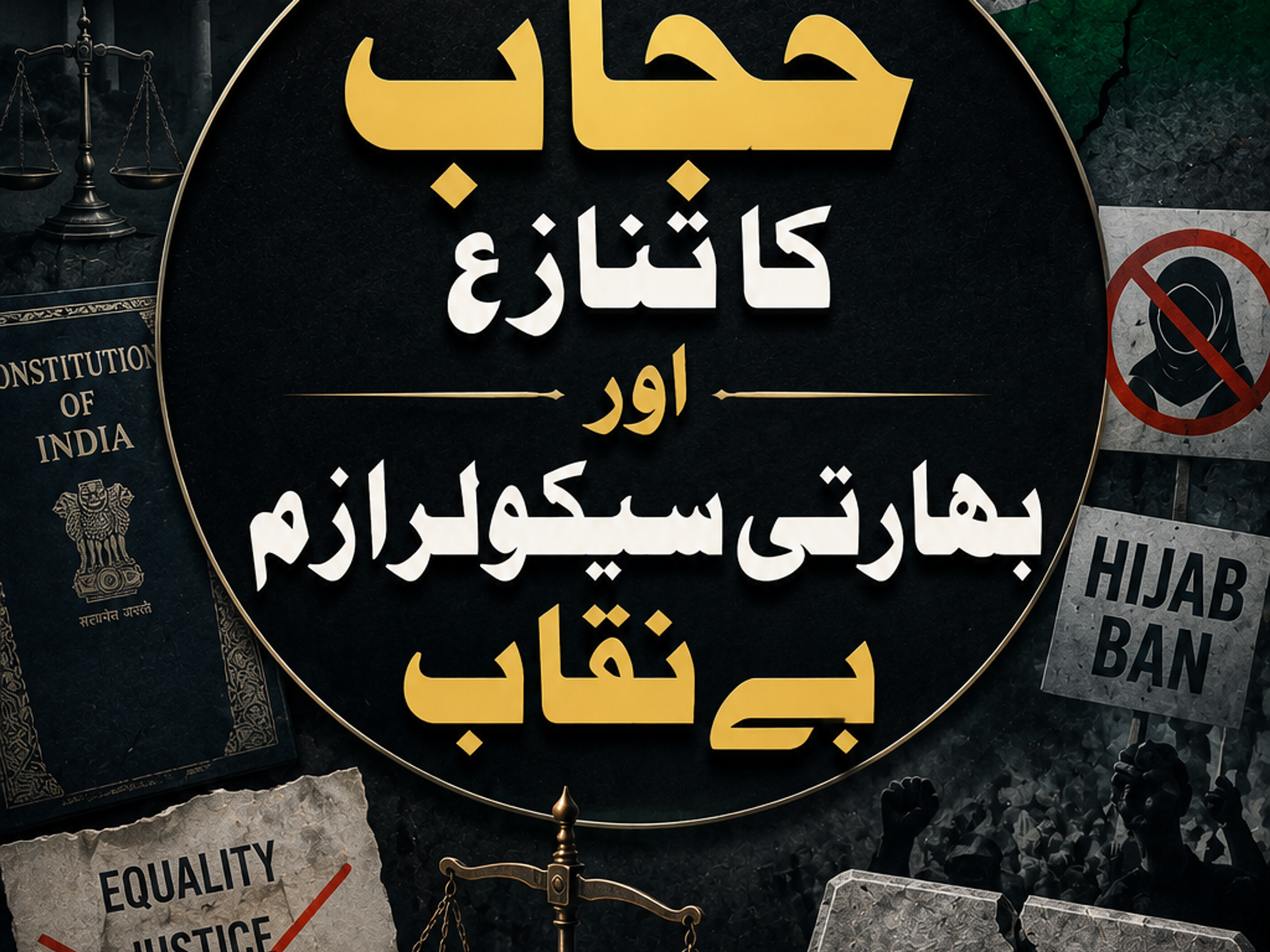 A graphic illustrating the hijab controversy in India, featuring the Supreme Court, a cracked Indian flag, scales of justice, the Constitution, a broken "Secularism" tablet, and Urdu text translating to "The Hijab Controversy and Indian Secularism Unveiled."
