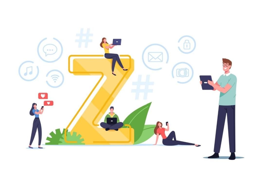 Cartoon illustration of young people using various digital devices around a large yellow letter "Z" with social media icons.