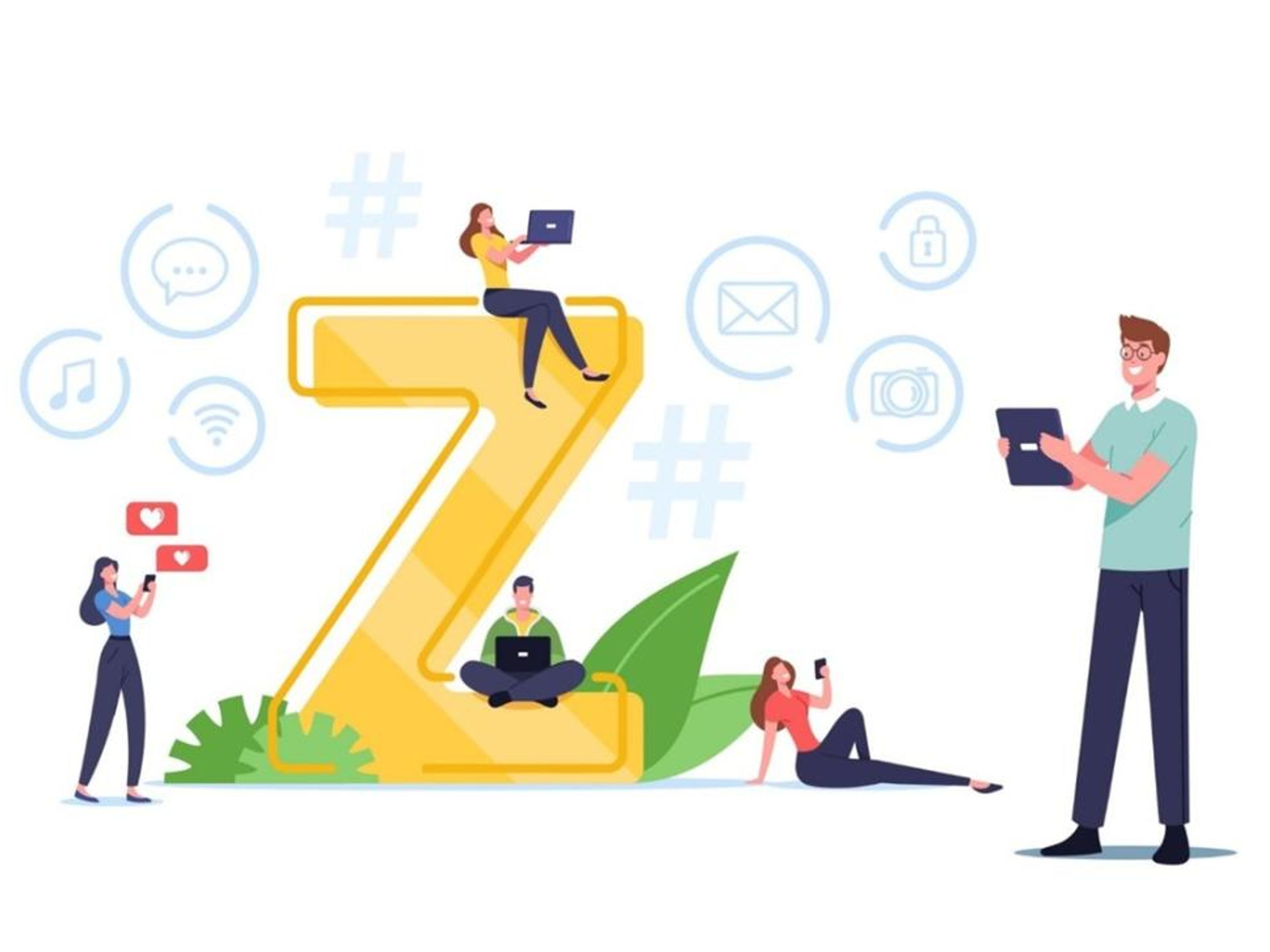 Cartoon illustration of young people using various digital devices around a large yellow letter "Z" with social media icons.