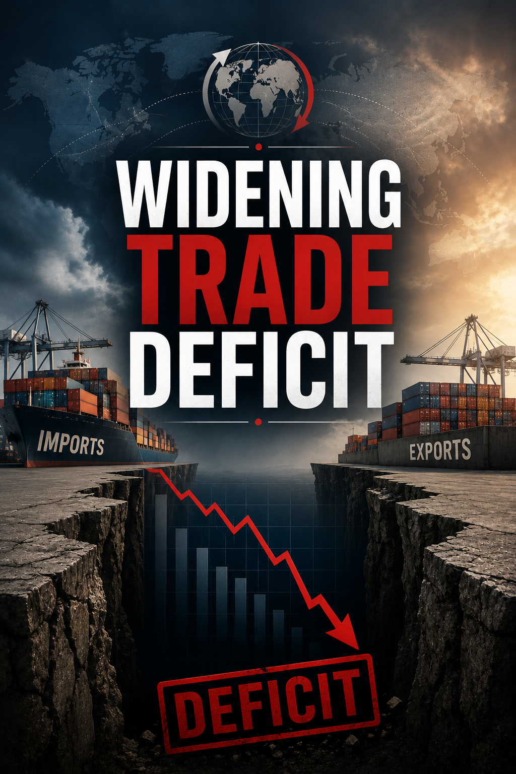 A graphic illustrating a widening trade deficit, with a large "IMPORTS" ship separated from a smaller "EXPORTS" ship by a chasm, and a downward arrow pointing to a "DEFICIT" stamp.