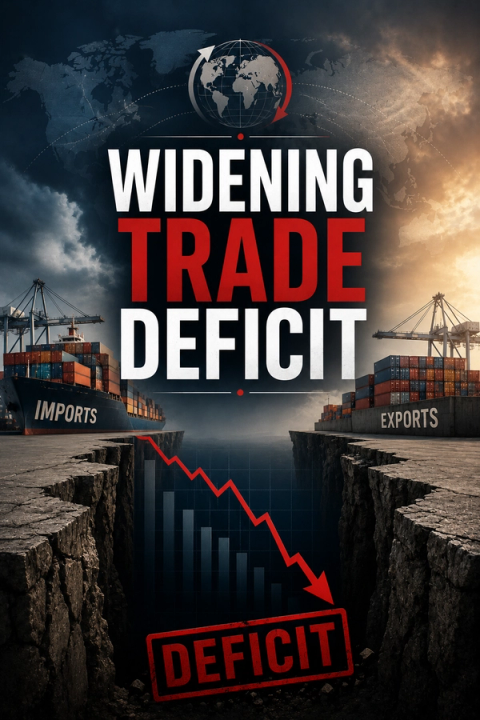 A graphic illustrating a widening trade deficit, with a large "IMPORTS" ship separated from a smaller "EXPORTS" ship by a chasm, and a downward arrow pointing to a "DEFICIT" stamp.