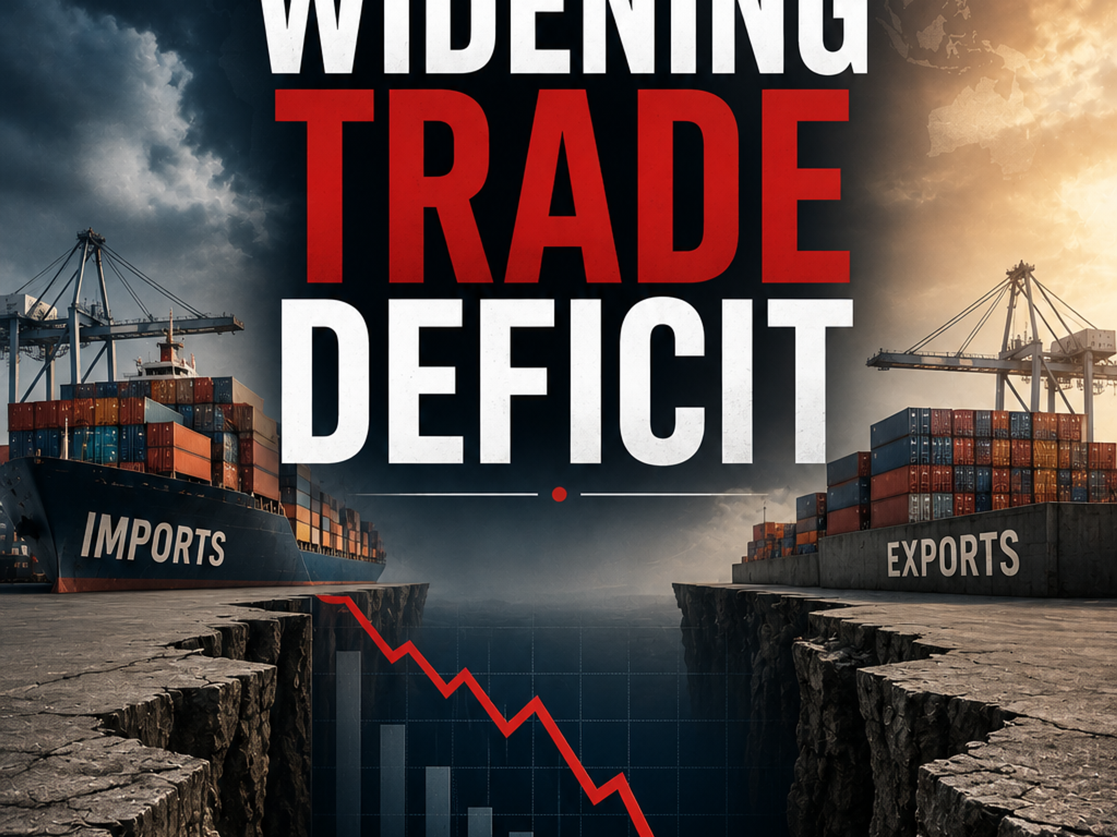 A graphic illustrating a widening trade deficit, with a large "IMPORTS" ship separated from a smaller "EXPORTS" ship by a chasm, and a downward arrow pointing to a "DEFICIT" stamp.