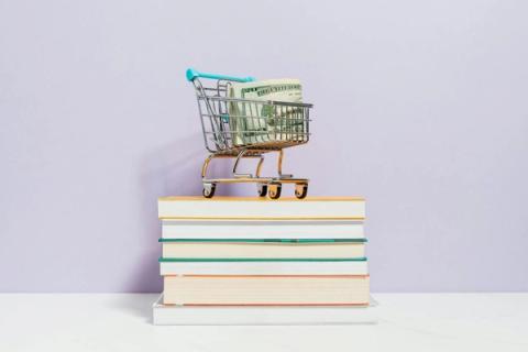 A miniature shopping cart filled with rolled dollar bills sits on a stack of books against a light purple background.