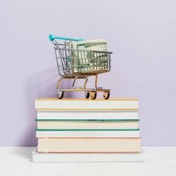 A miniature shopping cart containing dollar bills rests on a stack of books.