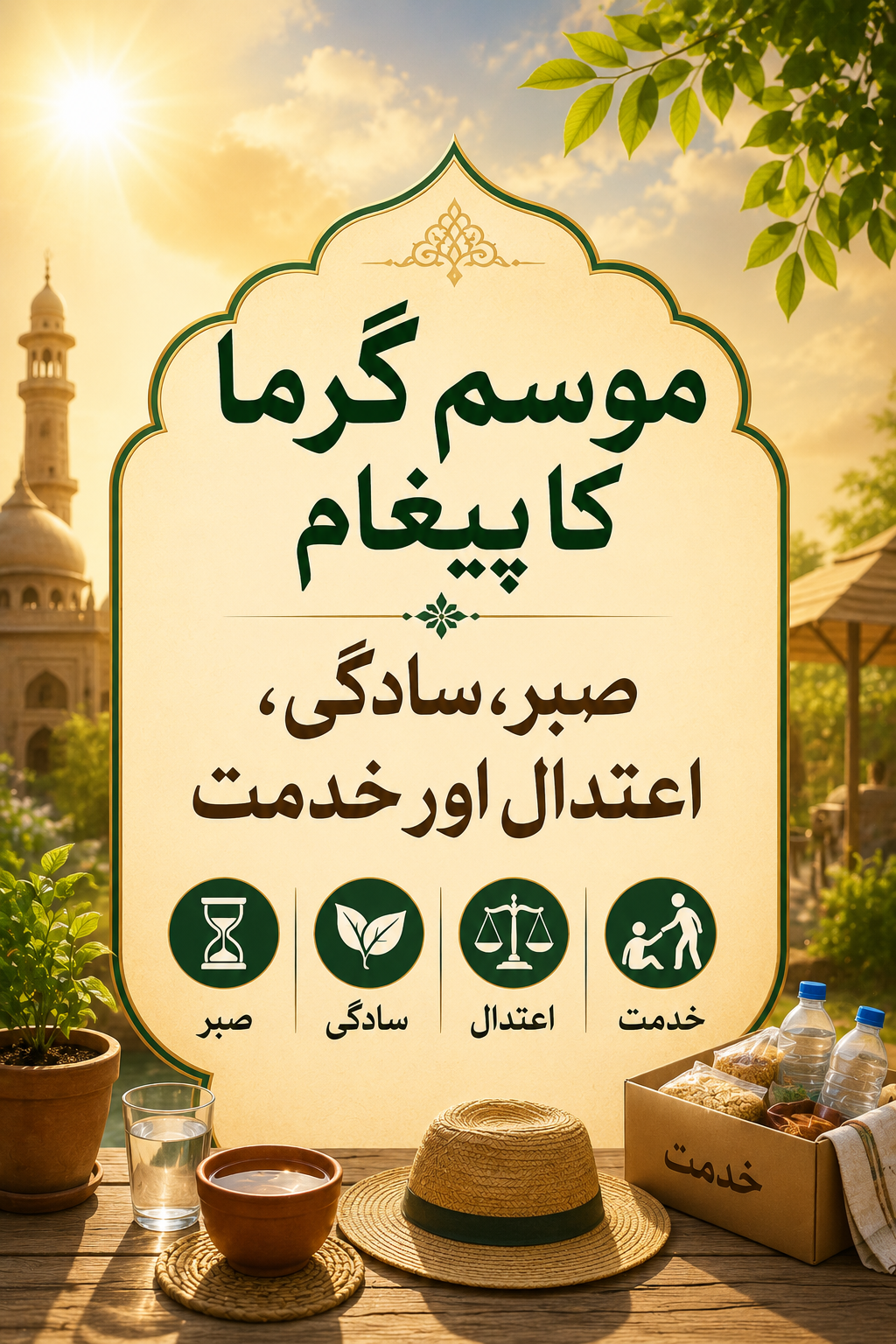 Urdu poster with "Message of Summer" promoting patience, simplicity, moderation, and service, with icons; a glass of water, hat, and "Service" box with provisions are in the foreground, against a sunny outdoor scene with a mosque.