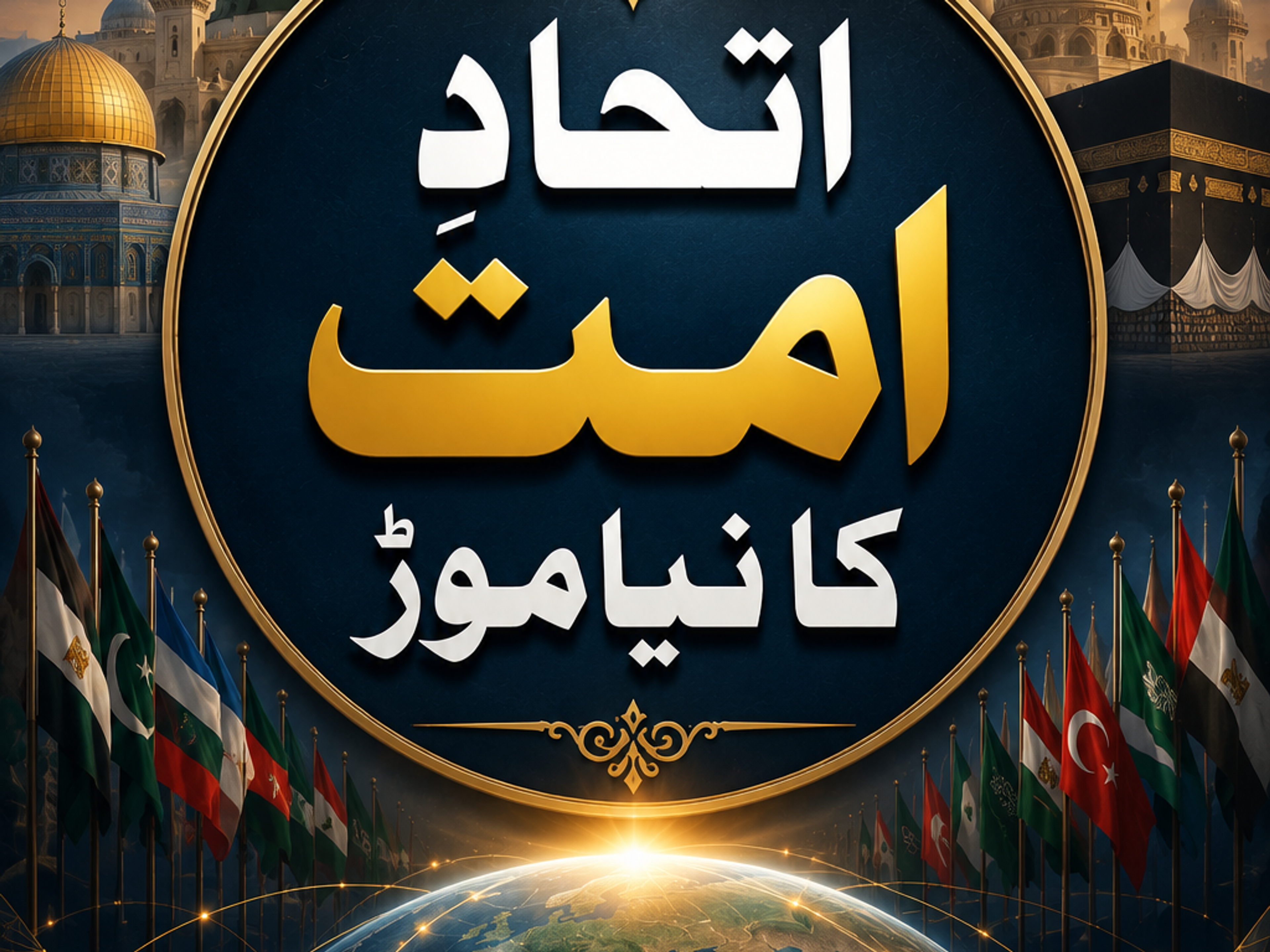 A vibrant image symbolizing Muslim unity, with mosques, flags of Muslim nations, Arabic text, and a handshake over the globe.
