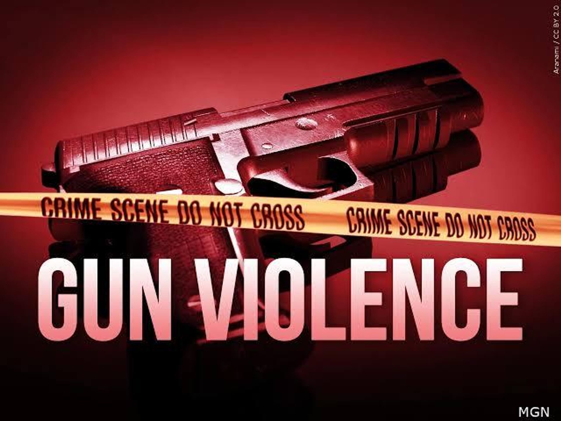 Image of a handgun, yellow crime scene tape, and the bold text "GUN VIOLENCE" on a red background.