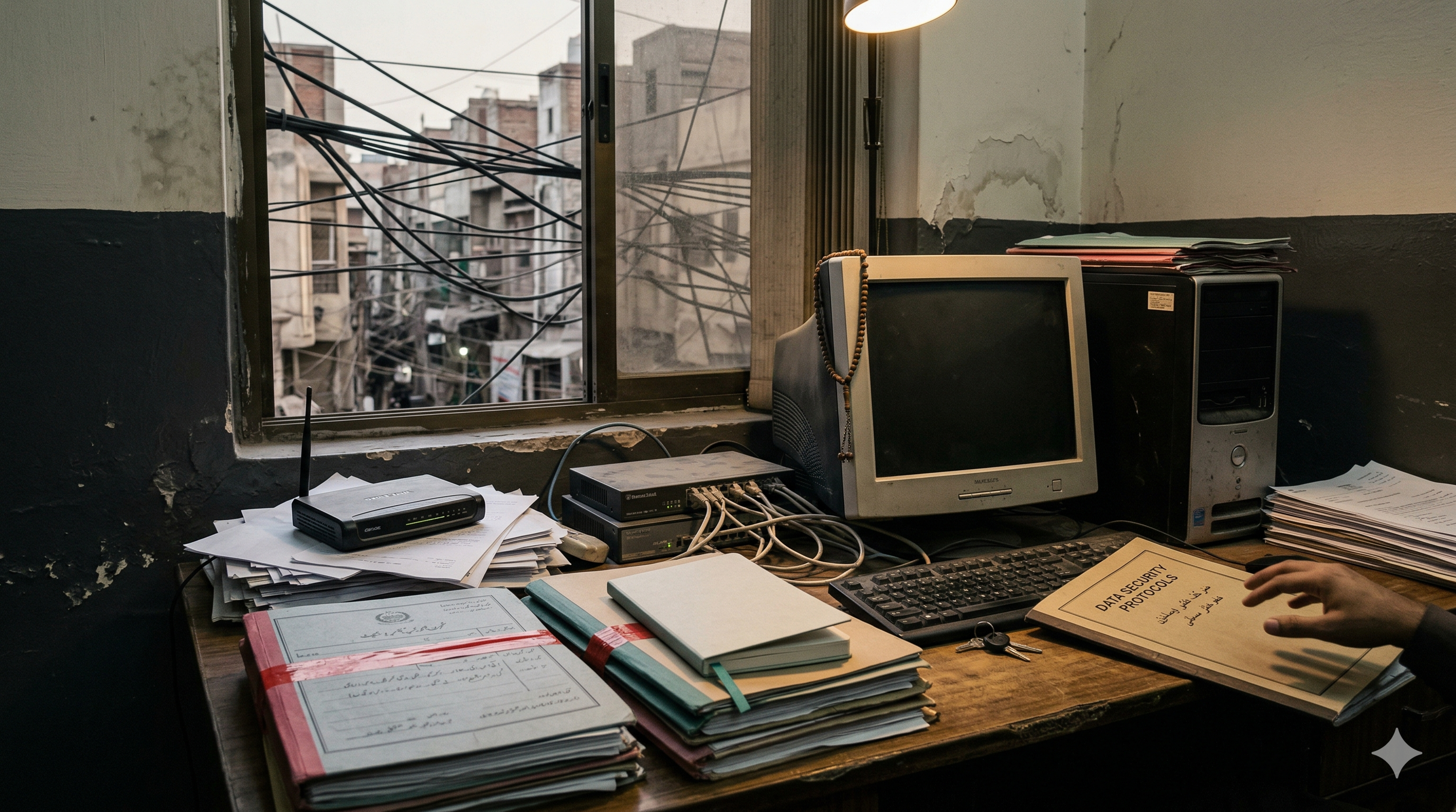 Cluttered office desk with an old computer, stacks of papers, and a hand reaching for a "Data Security Protocols" binder, viewed against a window showing dense urban buildings with tangled overhead wires.