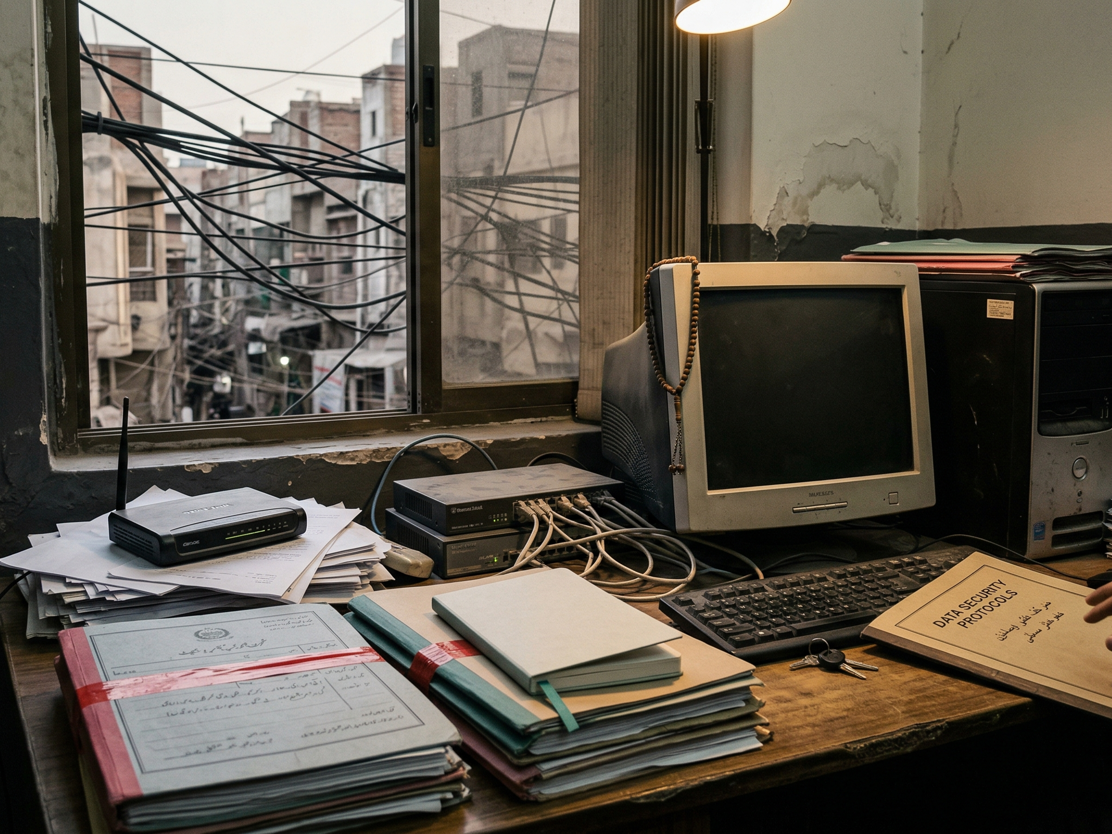 Cluttered office desk with an old computer, stacks of papers, and a hand reaching for a "Data Security Protocols" binder, viewed against a window showing dense urban buildings with tangled overhead wires.