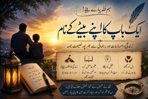 A father and son watch a sunset over a valley, with an open book displaying Urdu text offering guidance and wisdom.