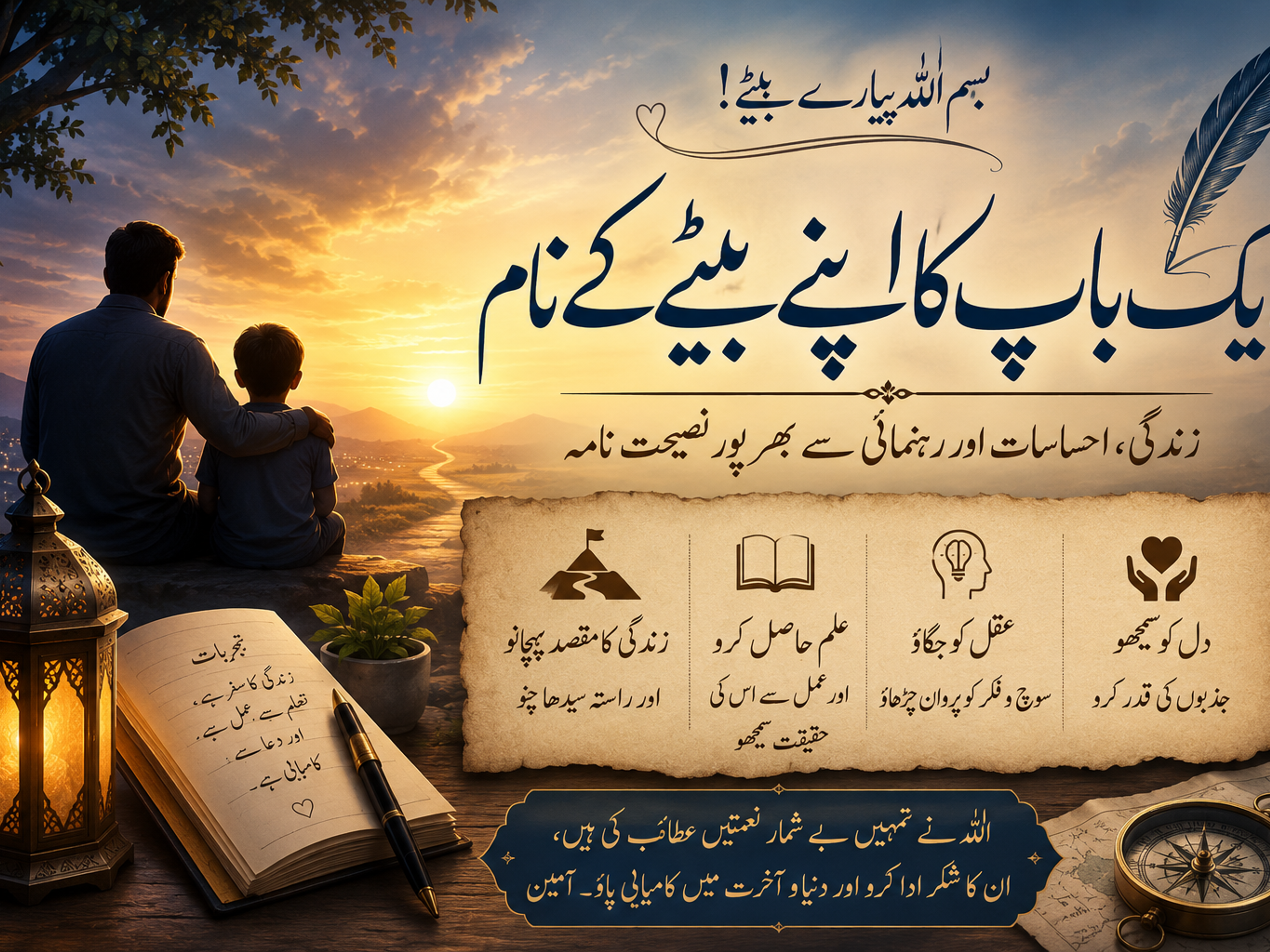 A father and son watch a sunset over a valley, with an open book displaying Urdu text offering guidance and wisdom.