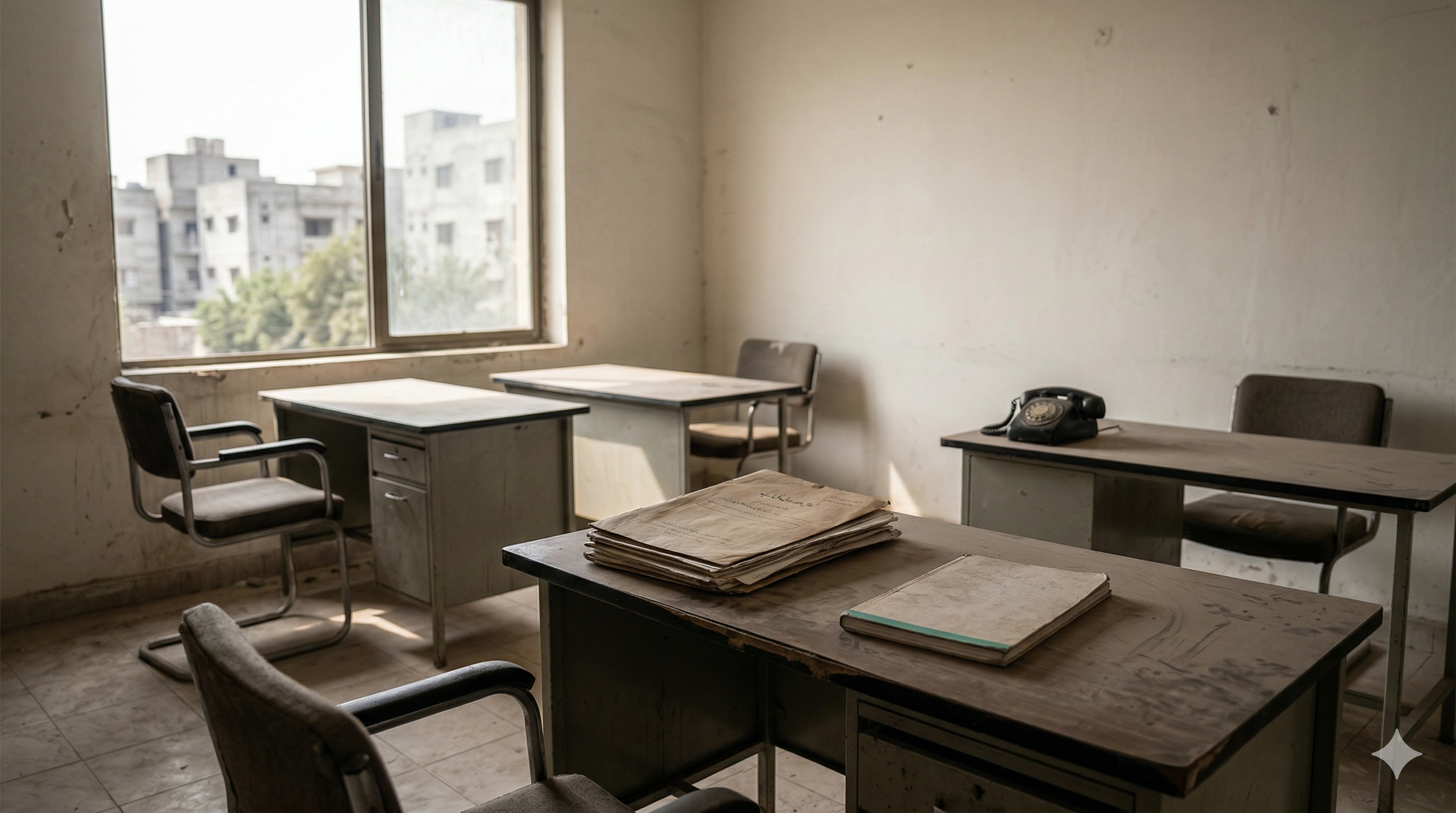 A dusty, abandoned office room with multiple desks, chairs, old papers, and a vintage telephone, seen through a window overlooking city buildings.