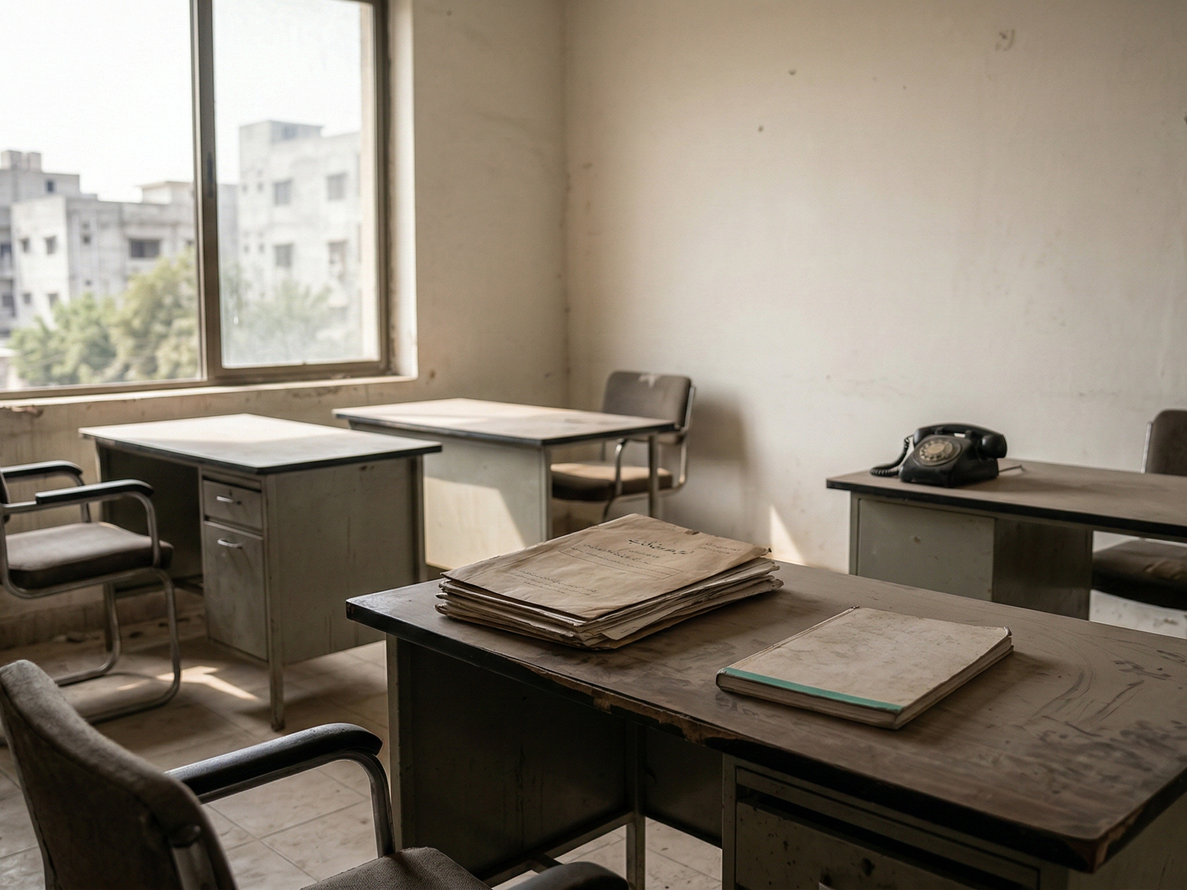 A dusty, abandoned office room with multiple desks, chairs, old papers, and a vintage telephone, seen through a window overlooking city buildings.