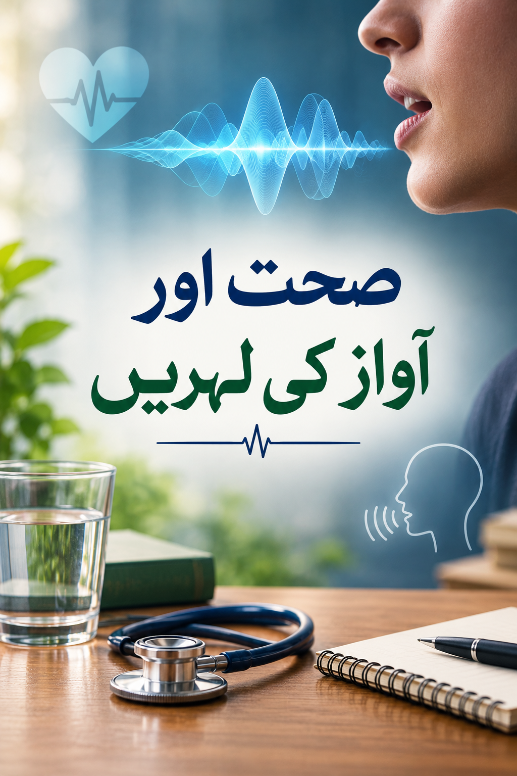 Urdu text "صحت اور آواز کی لہریں" over an image of a person speaking with blue sound waves, a heart with a pulse, and a desk with a stethoscope, water, notebook, and pen.