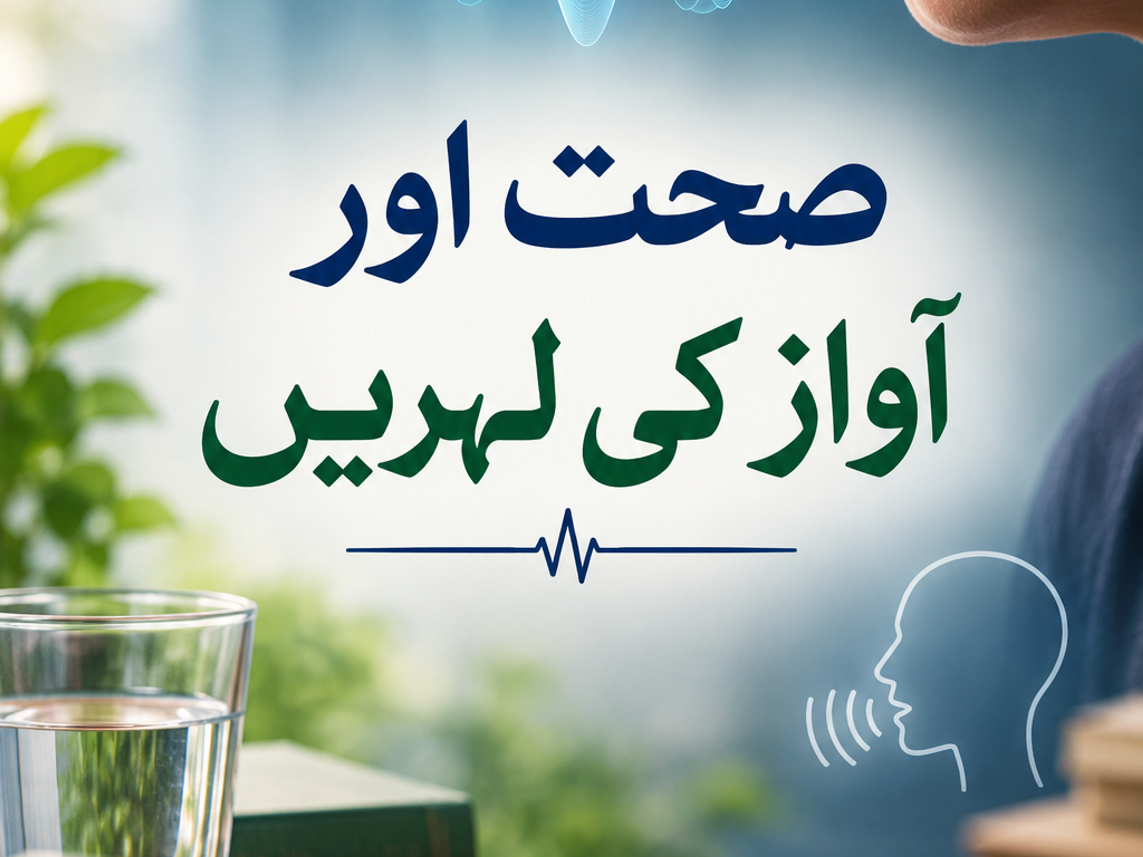 Urdu text "صحت اور آواز کی لہریں" over an image of a person speaking with blue sound waves, a heart with a pulse, and a desk with a stethoscope, water, notebook, and pen.
