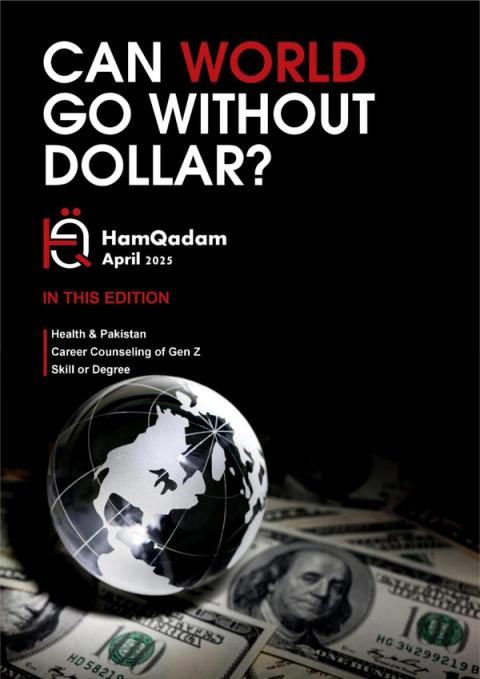 Magazine cover for HamQadam, April 2025, titled "CAN WORLD GO WITHOUT DOLLAR?", featuring a globe resting on US dollar bills.
